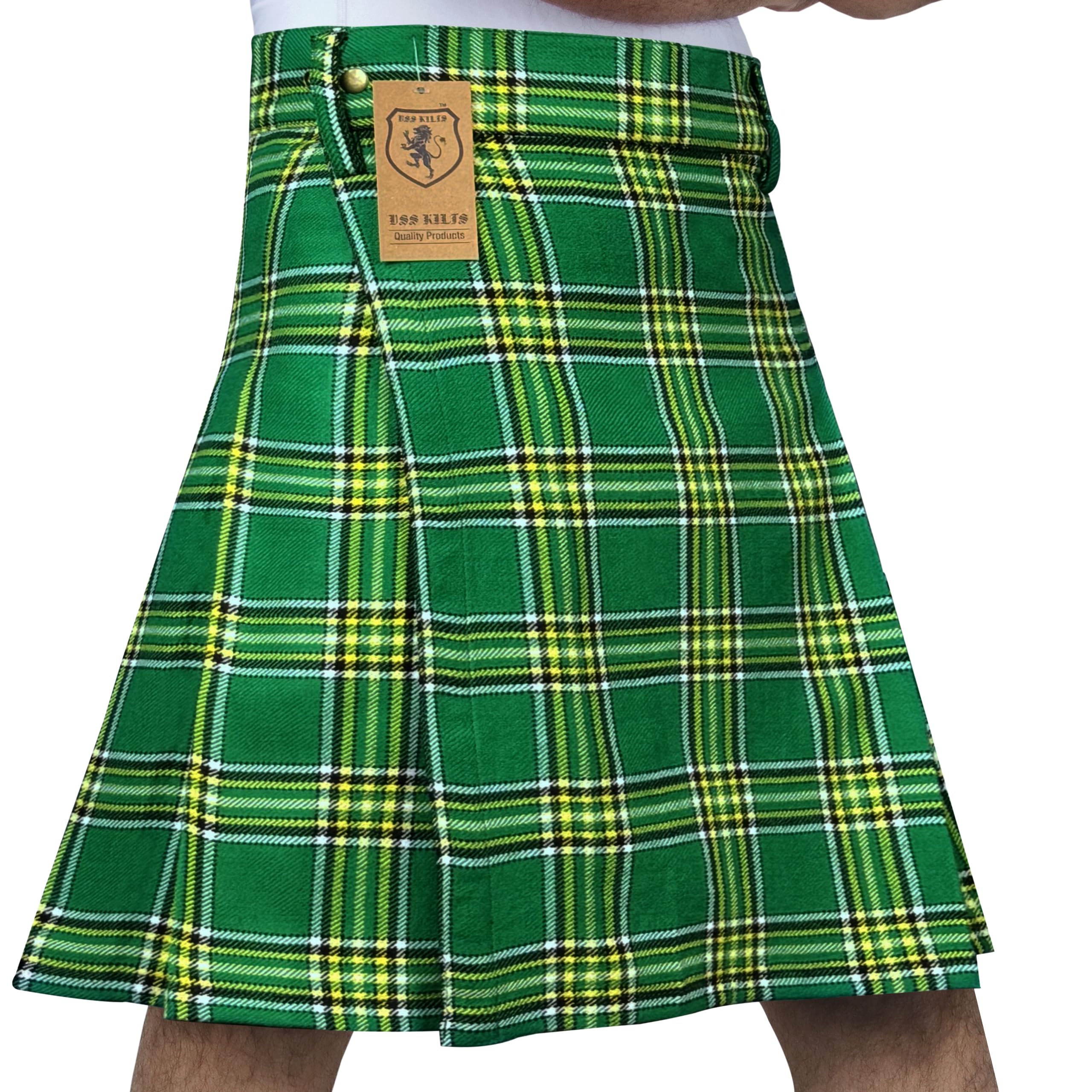 DSS KILTS- Adjustable Tartan Kilt for Men Lightweight Quick Wear Velcro Wrap Knife Pleats Belt Loops Casual Scottish Kilt, Irish Green Tartan, 40-42