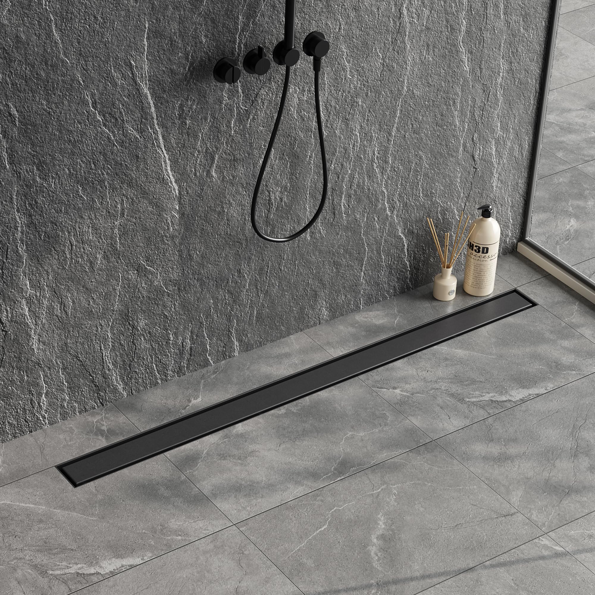 Neodrain 40-Inch Linear Shower Drain,with 2-in-1 Flat & Tile Insert Shiny Black Cover, Rectangle Shower Floor Drain, Floor Shower Drain with Adjustable Leveling Feet, Hair Strainer