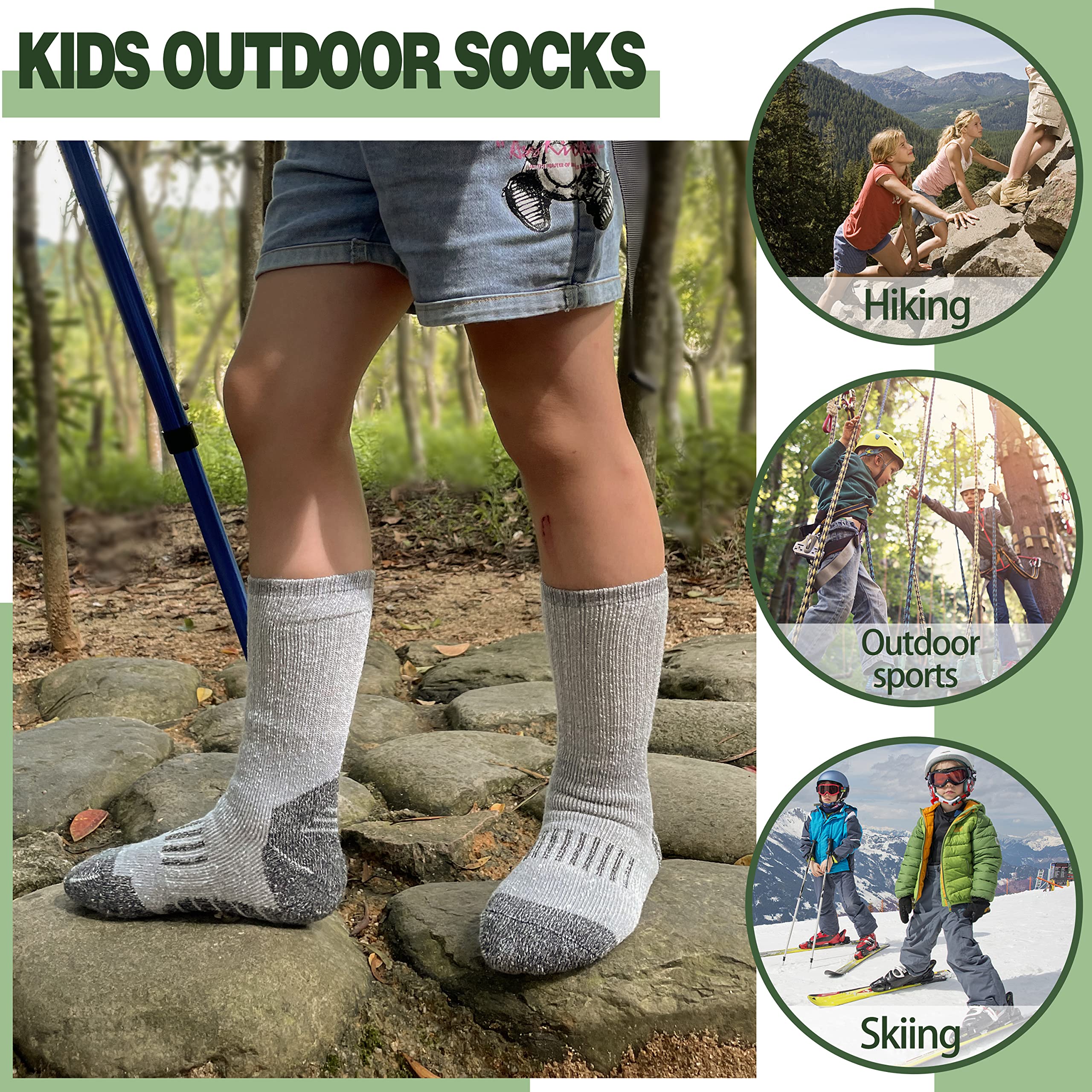 Sandsuced Calcetines de senderismo de lana merino para niños, térmicos de invierno, cálidos y cómodos