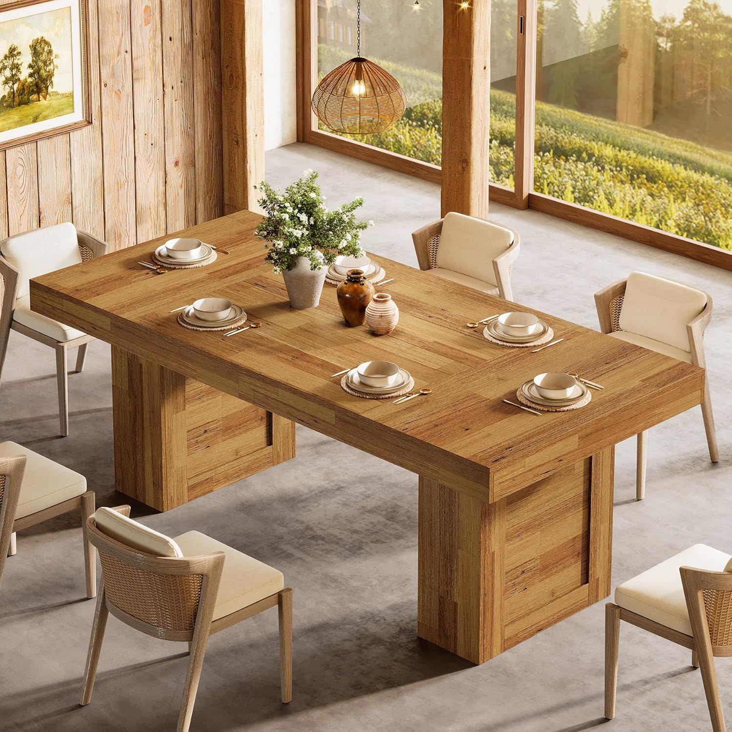 Tribesigns 63'' Farmhouse Dining Table for 6, Rectangle Wooden Kitchen Table with Heavy-Duty Legs, Rustic Large Dining Room Furniture for Family Meals, Banquets & Dinner Parties, Natural Oak