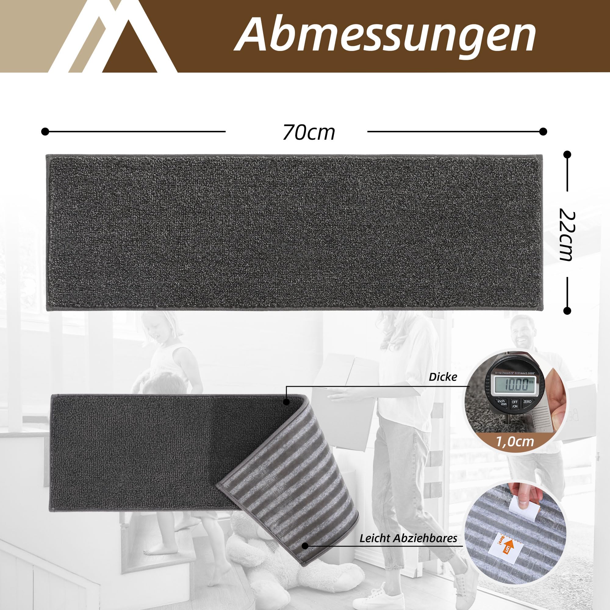 COSY HOMEER 15 Stück Treppenstufen Matten 70x22cm, Stufenmatten Selbstklebend, Maschinenwaschbar, 100% Polyester, TPE-Rücken, Ideal für Kinder, Senioren und Haustiere, Dunkelgrau