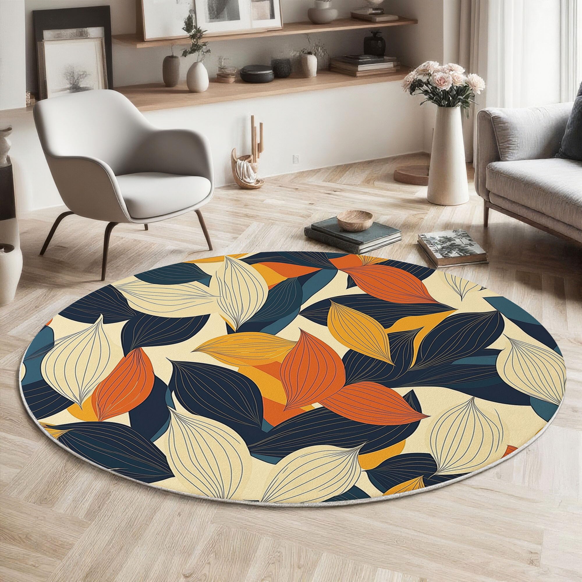 Teppich Rund 120cm, Maisblätter Geometrie Bedrucktes Design, Weich und Flauschig Retro-Botanischer Stil Küchenteppich, rutschfest Waschbar Senfgelb Teppich für Kinderzimmer Wohnzimmer Schlafzimmer