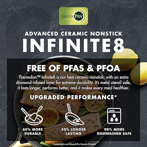 Miniatura 11 de GreenPan GP5 - Juego de ollas y sartenes de 14 piezas, cerámica anodizada dura, antiadherente, sin PFAS, asas de champán, calibre pesado, superficie
