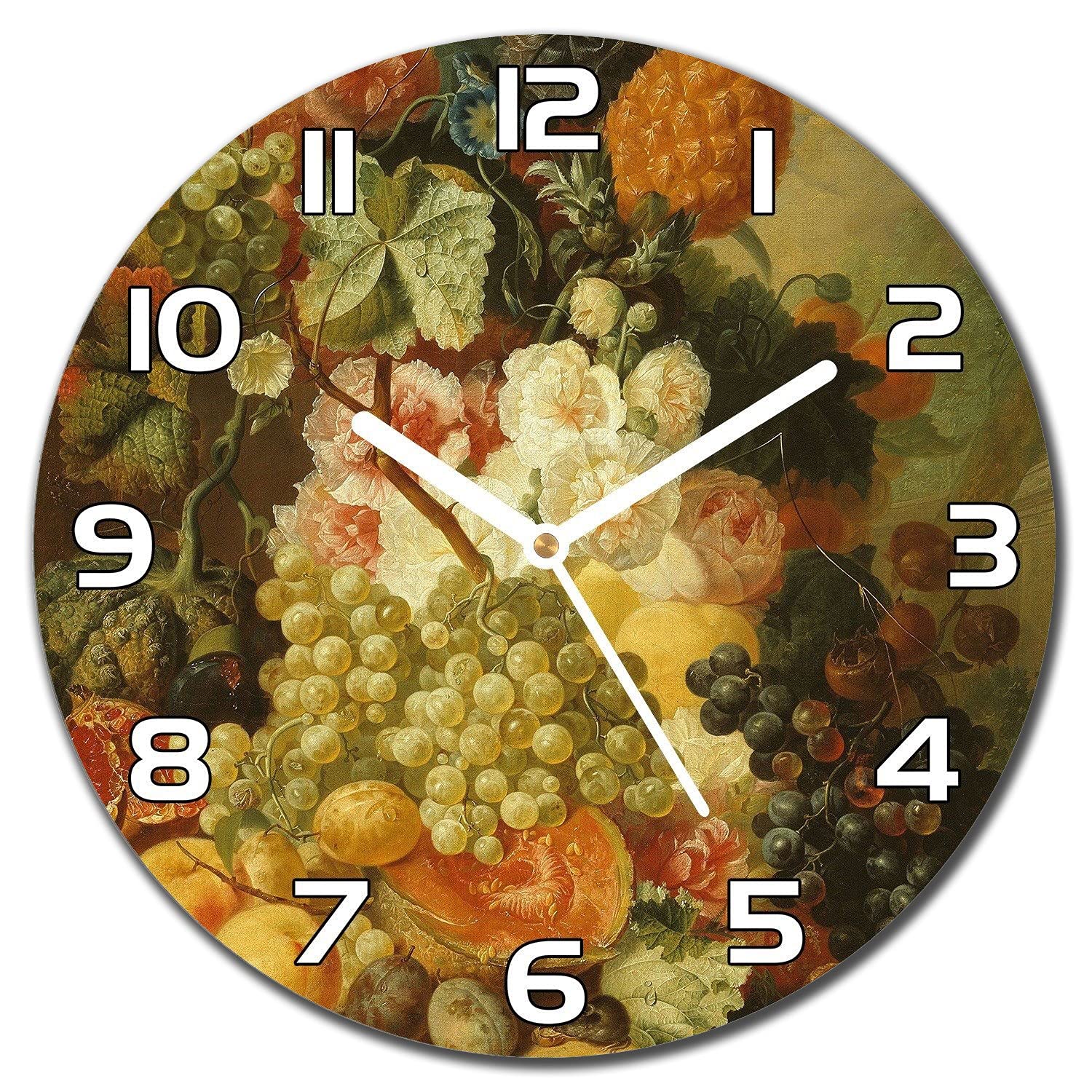 Horloge en verre 30 cm Fruits Fleurs pour cuisine et salon moderne