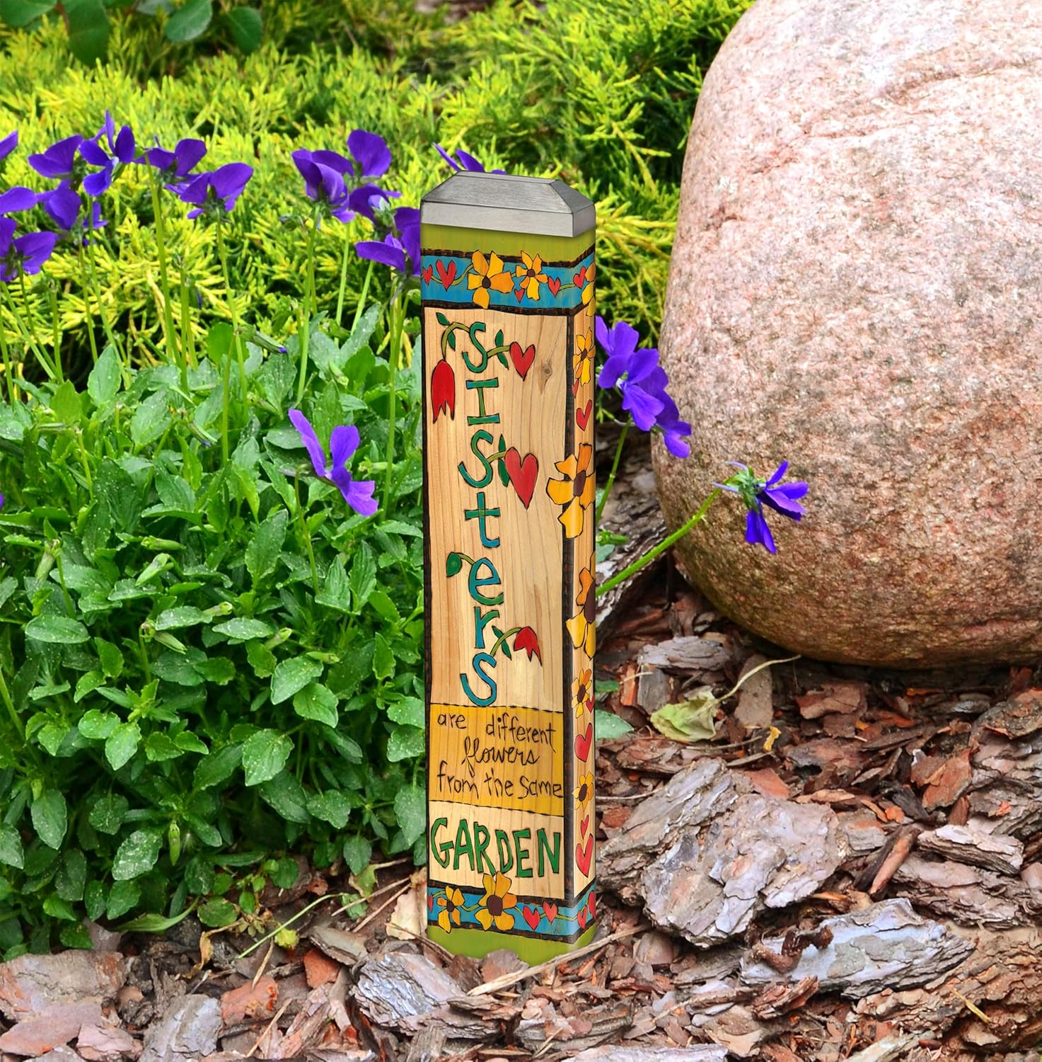 Studio M Art Pole, PVC Weather Resistant Pole with Vinyl Bowl 13 inches Tall Outdoor Decoration for Gardens, Patios, Yards, Landscaping and Birding Accessories, Sisters Different Flowers Same Garden