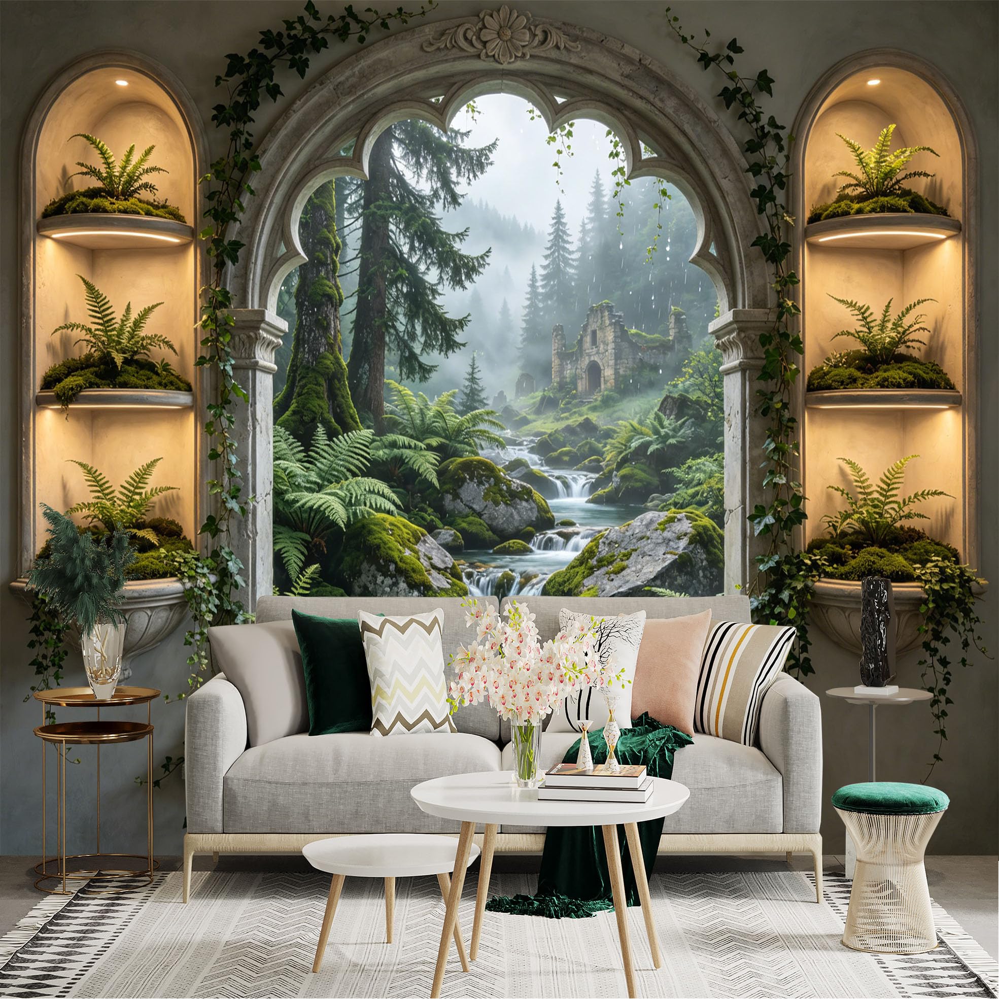 Lnzczhyre Dbh260521565 Custom Size Wall Sticker Mural， Arch Window View， Misty Forest Stream， Ancient Stone Ruins， Lush Ferns And Mossy Rocks， For Wall Decoration， Peelandstick Wall Decals.