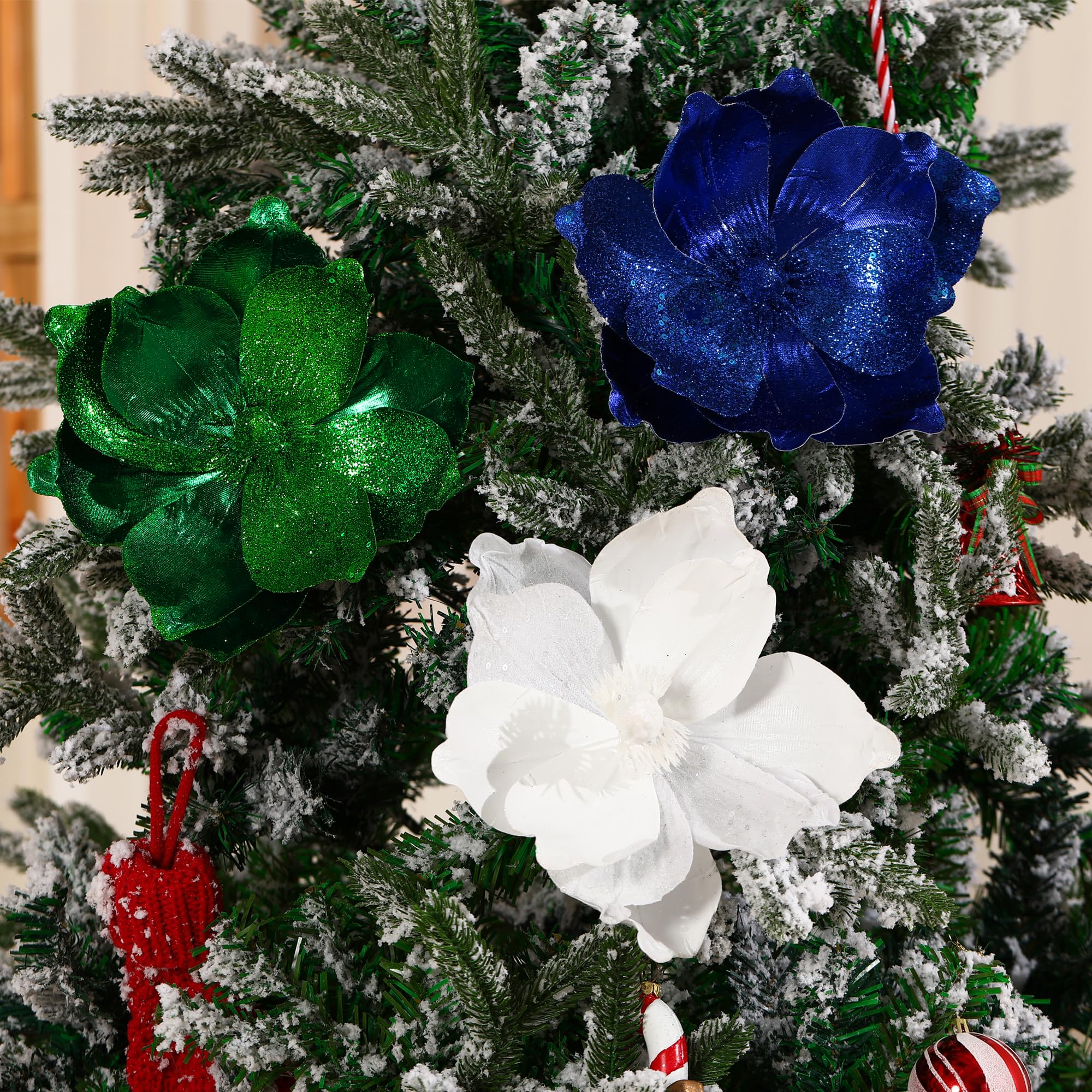 Flores de Navidad Grandes Con Purpurina de 10 Pulgadas - 6 Piezas de Adornos de Flores Artificiales de Magnolia Plegables Para Decoración de Árbol y Fiesta