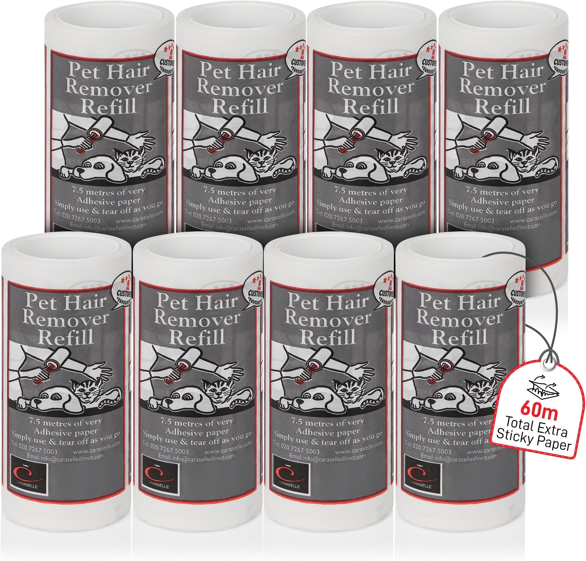 CARASELLE Pet Hair Remover Refill - 60m total (≈600 Sheets Equivalent) Super Adhesive Picks up Lint, Hair & Debris! Multi-Purpose Dog Cat Hair Lint Roller also for Cleaning Clothes & Washing Machine