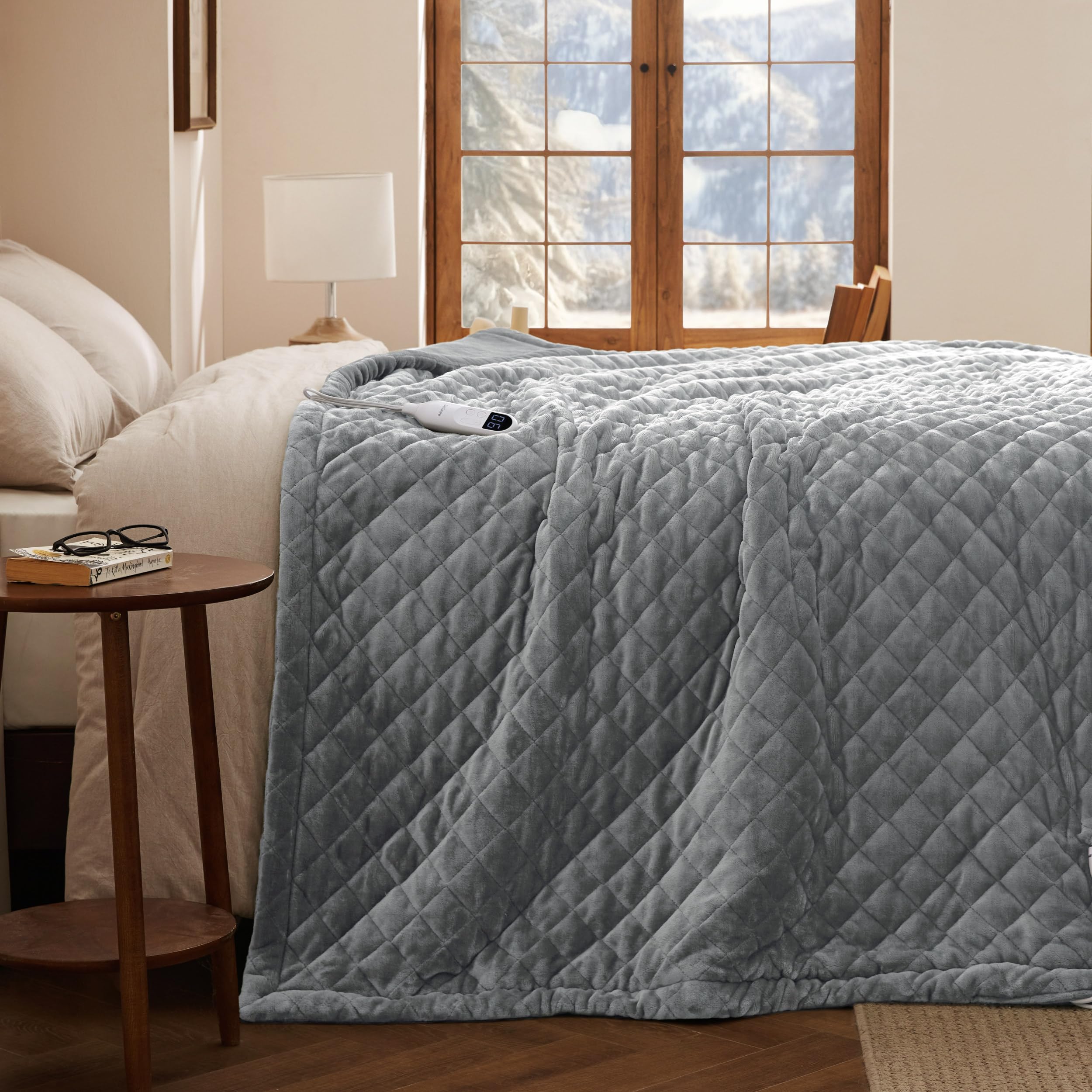 Bedsure Luxury Quilted Heated Blanket Twin, Filled Electric Blanket, Gray | Diamond Quilted, Ultra Soft, Comforter-Like Warmth, Fast Heating, Memory &amp; Preheat, 1-10 H Auto Off, 10 Heat Settings, 62x84