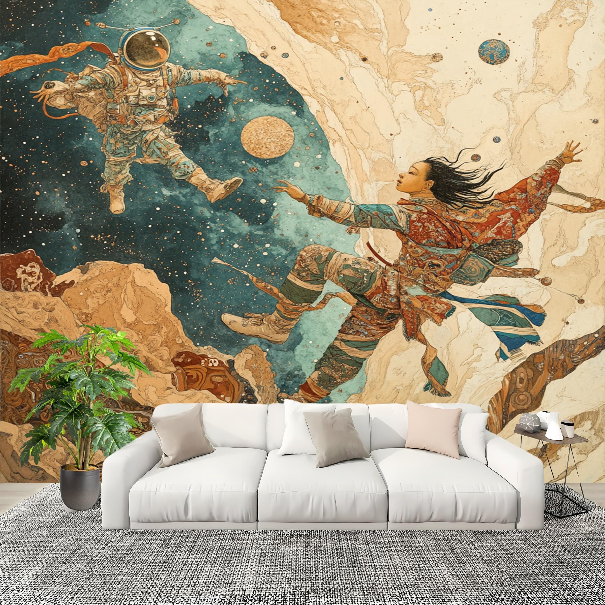Papier peint panoramique astronaute rétro jaune pour chambre enfant intissé 250x175 cm