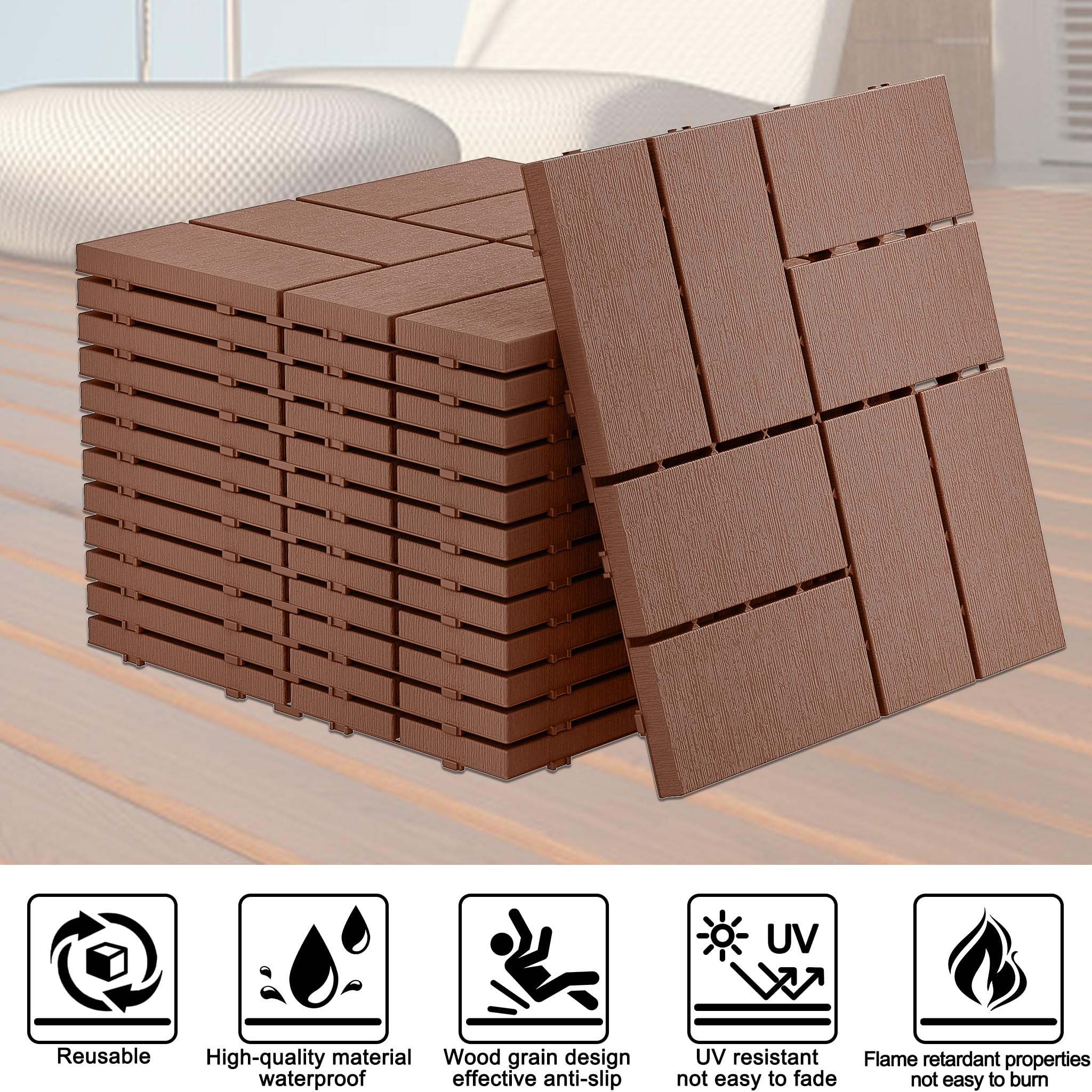 UISEBRT Piastrelle per terrazze e balconi, effetto venature del legno, piastrelle a incastro, per balcone, giardino, resistenti alle intemperie, con funzione di drenaggio, 30 x 30 cm, colore marrone