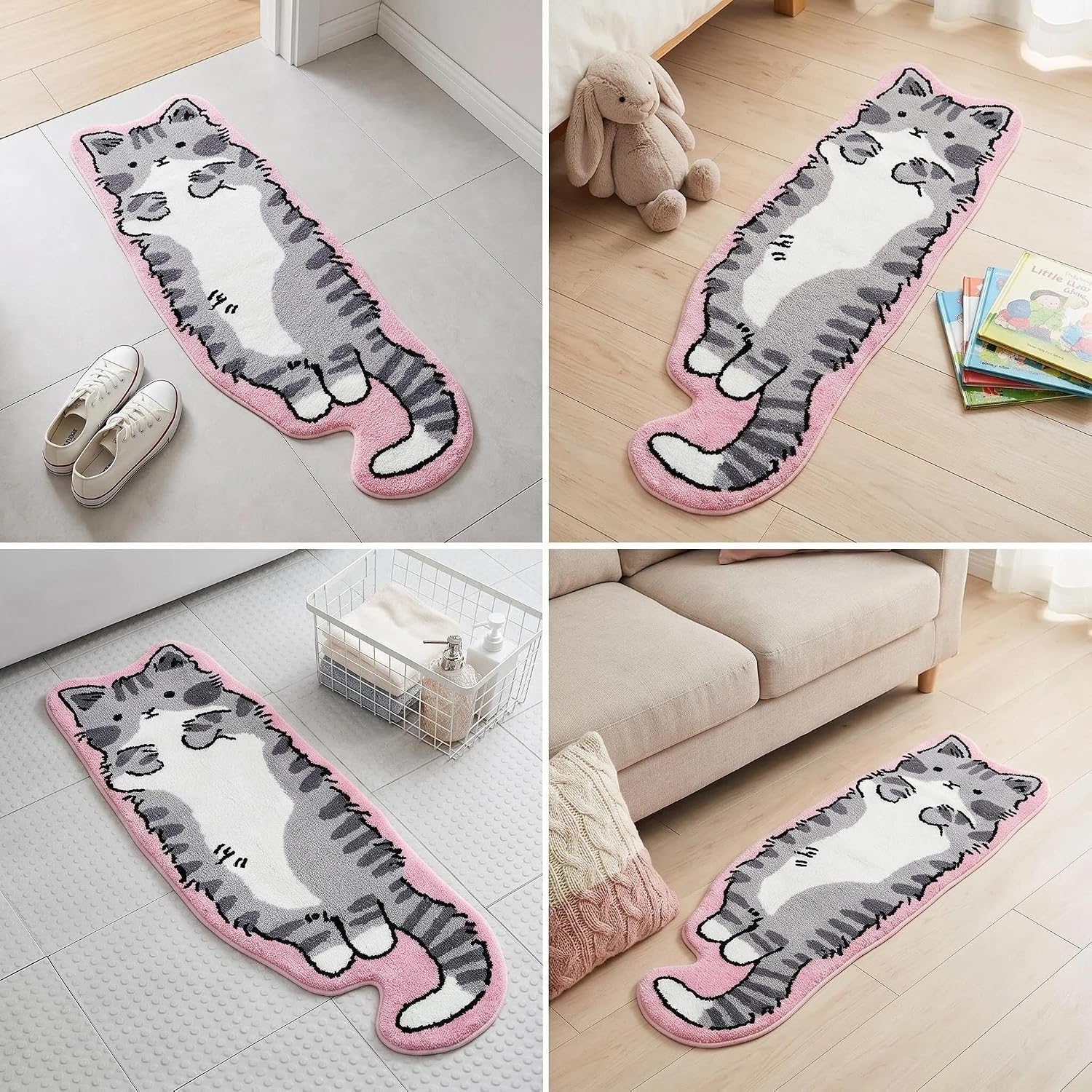 Poshetion Cat Rug Handmade Premium Pink Gray Cat Shaped Bathmat,47 in (120 cm) Long Kitty Decor Accent Rug for Living Room Bedroom Nursery, Soft Durable Stitching, Easy Spot Clean Door Mat