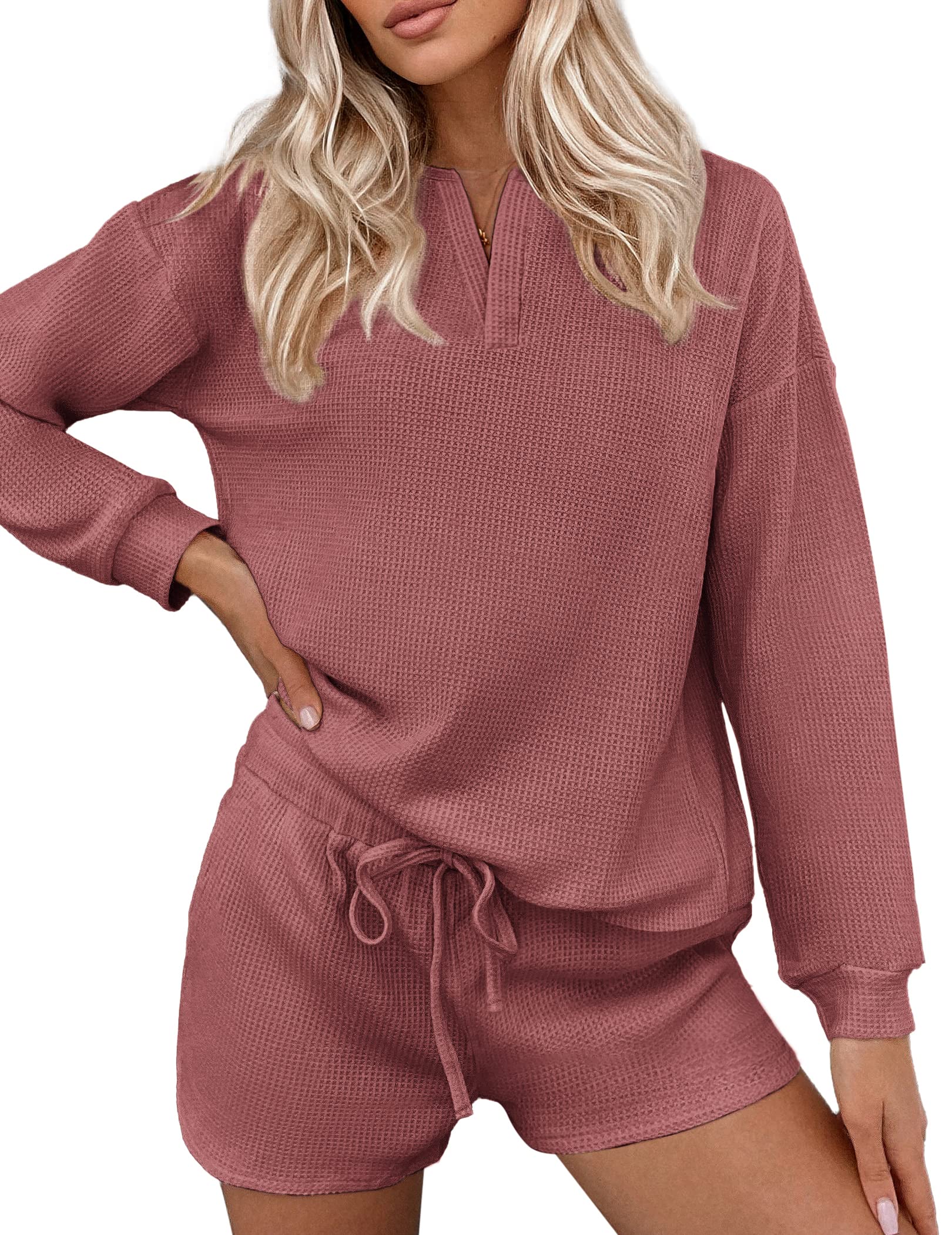 EkouaerPajama Set for Women Waffle Knit Lounge Sets Long Sleeve Top and Shorts Matching Loungewear S-XXL