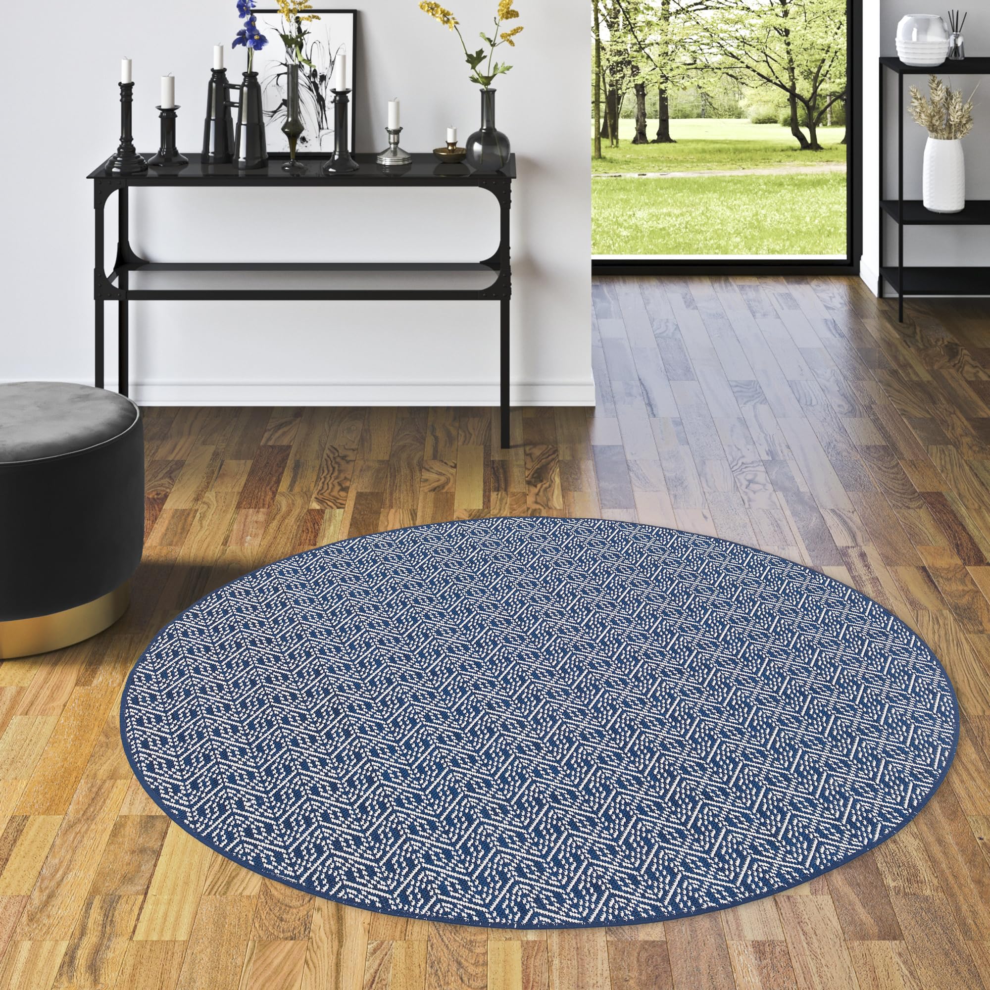 Snapstyle Tapis d'extérieur Cape Cod Bleu foncé Tendance Rond - Réversible, résistant aux UV et imperméable - Parfait pour Les balcons, terrasses et Jardins - Facile à Entretenir et Robuste
