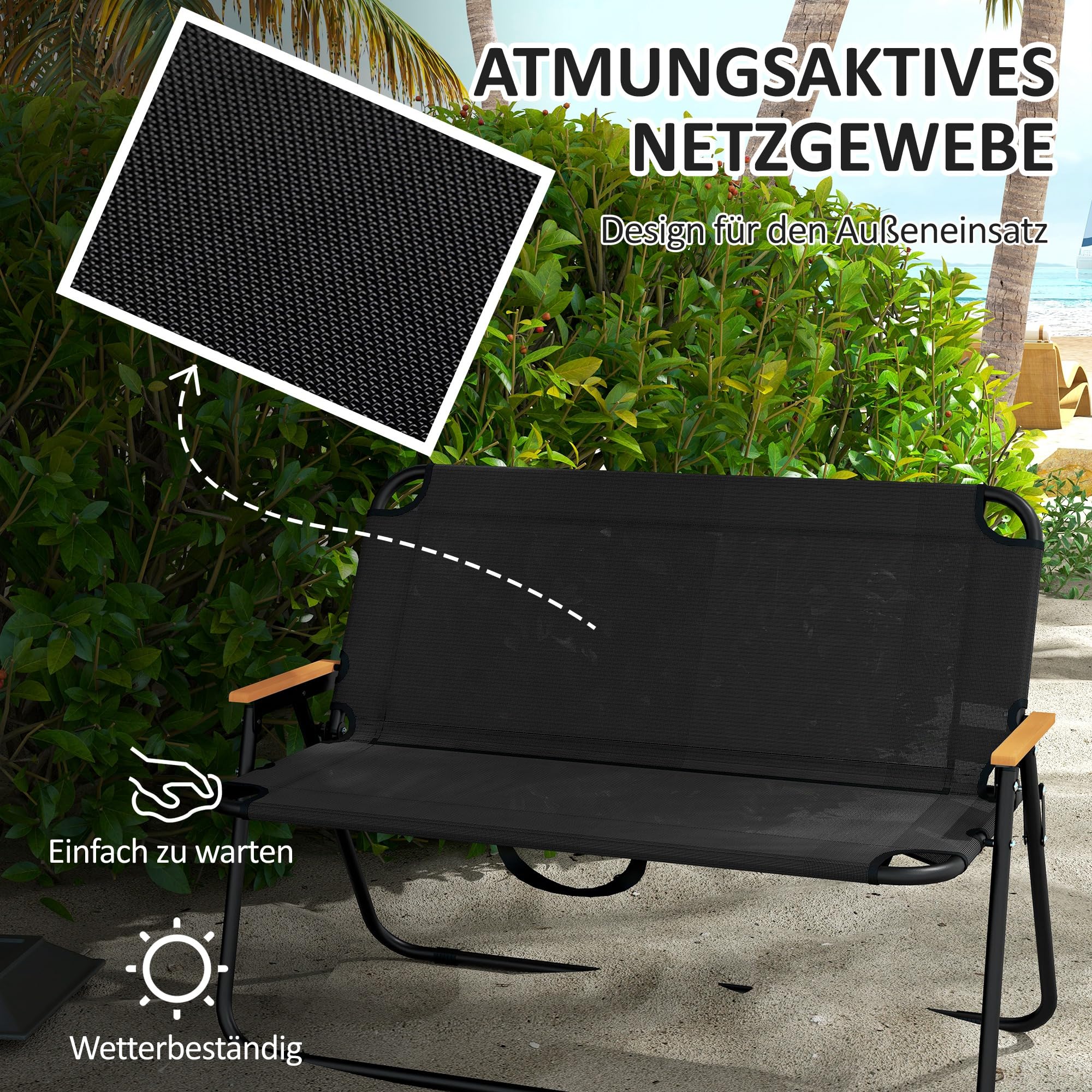 Outsunny 2-Sitzer Gartenbank, Sitzbank, Klappbare Campingbank, Klappbank bis 220 kg belastbar, für Camping, Terrasse, Mesh, Schwarz, 108 x 65 x 73 cm