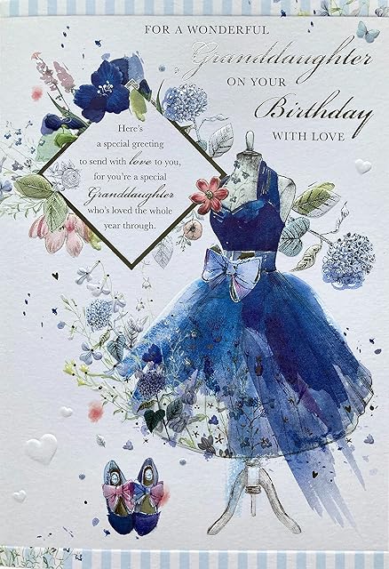 Words 'n' Wishes Wonderful Granddaughter Birthday Card (WW-N057) - Blue Floral Dress - Foil and Embossed Finish