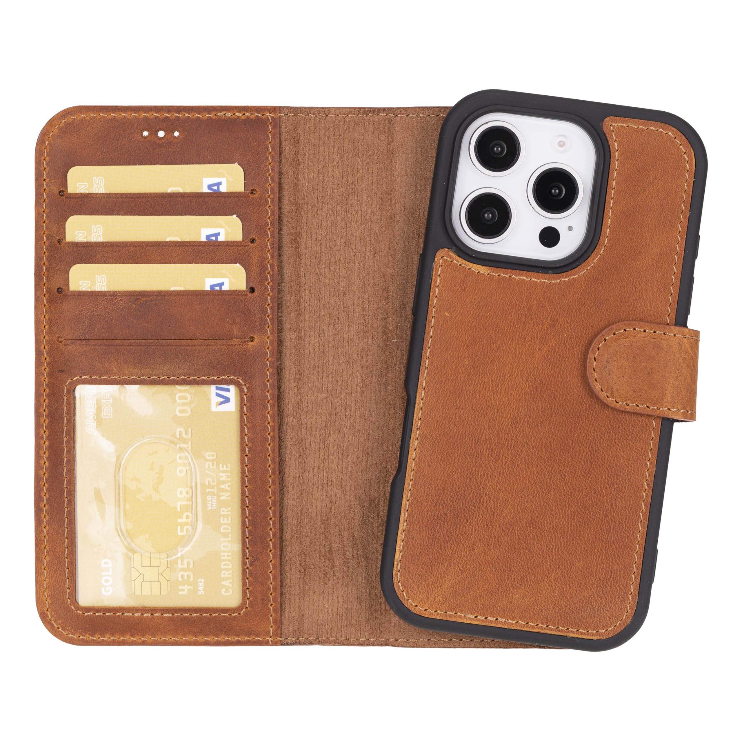 Funda tipo cartera de piel auténtica compatible con iPhone 16 Pro, carga inalámbrica magnética (compatible con MagSafe), funda tipo libro con tarjetero, bloqueo RFID, soporte, 6.3 pulgadas (marrón