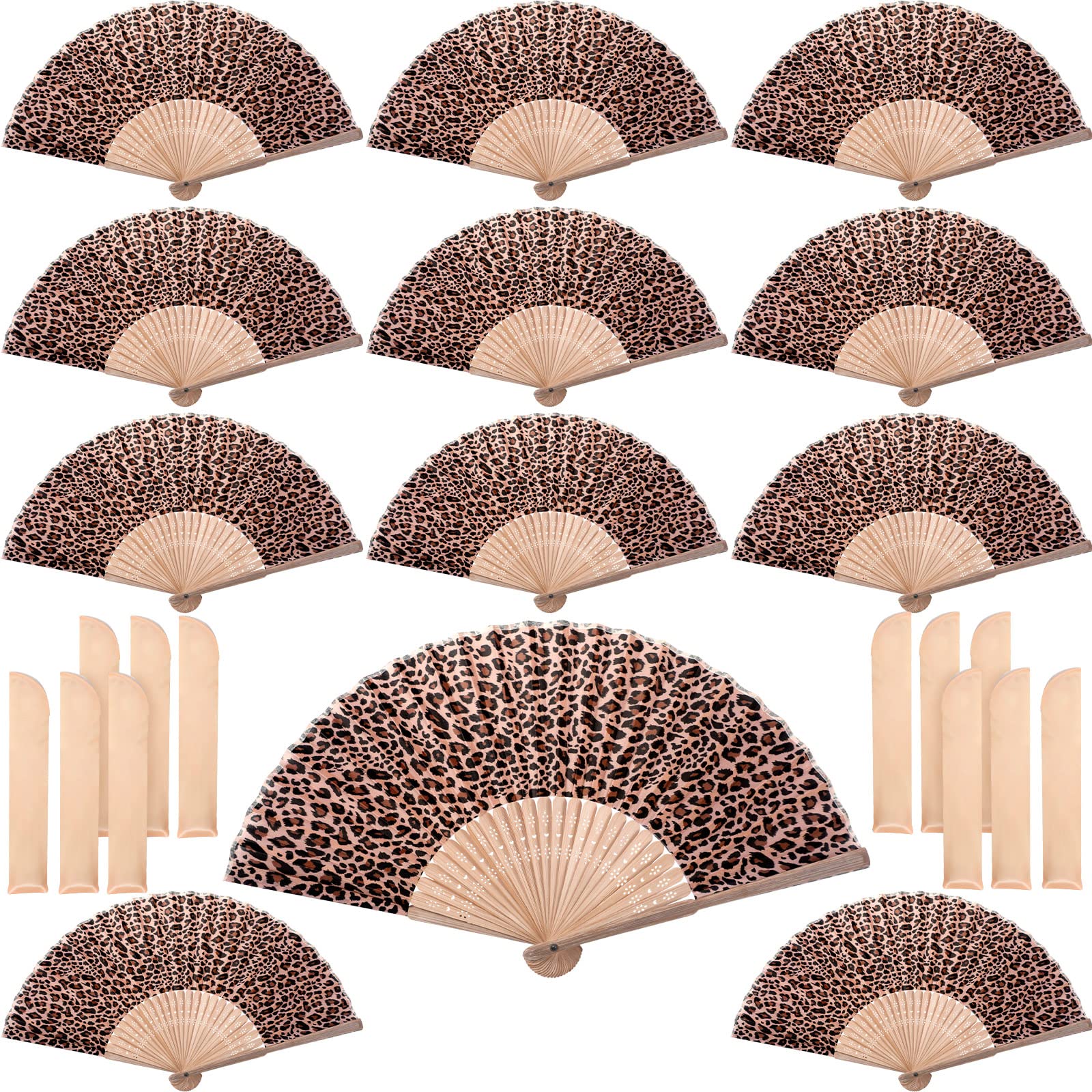 Yulejo 12 Sets Leopard Printed Hand Fan with Fan Sleeve Bamboo Folding Fan Cotton Fabric Folding Hand Fan Handheld Decorative Folding Fans for Men Women Dancing Cosplay Wedding Party Props Decoration