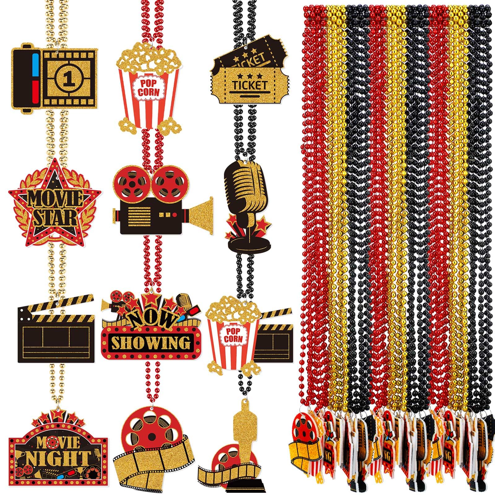 Ecally 36 Pcs Movie Night Beaded Necklaces Bulk Movie Night Theme Party Decorations Theater Party Sign Necklaces with Gold Red Black Color Now Showing Ticket Kit Decor for Birthday Supplies