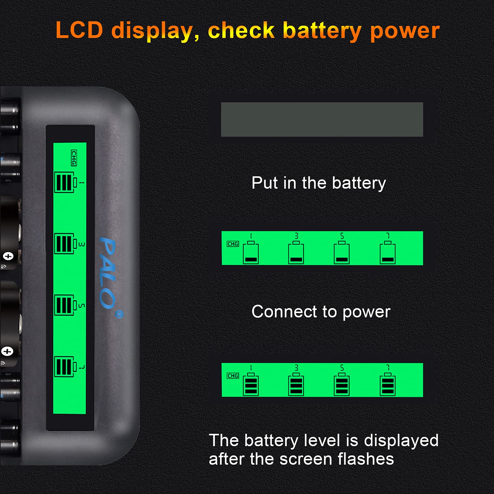 - Paquete de 4 baterías recargables de alta capacidad de 8000 mAh con cargador de batería universal para AA AAA C D