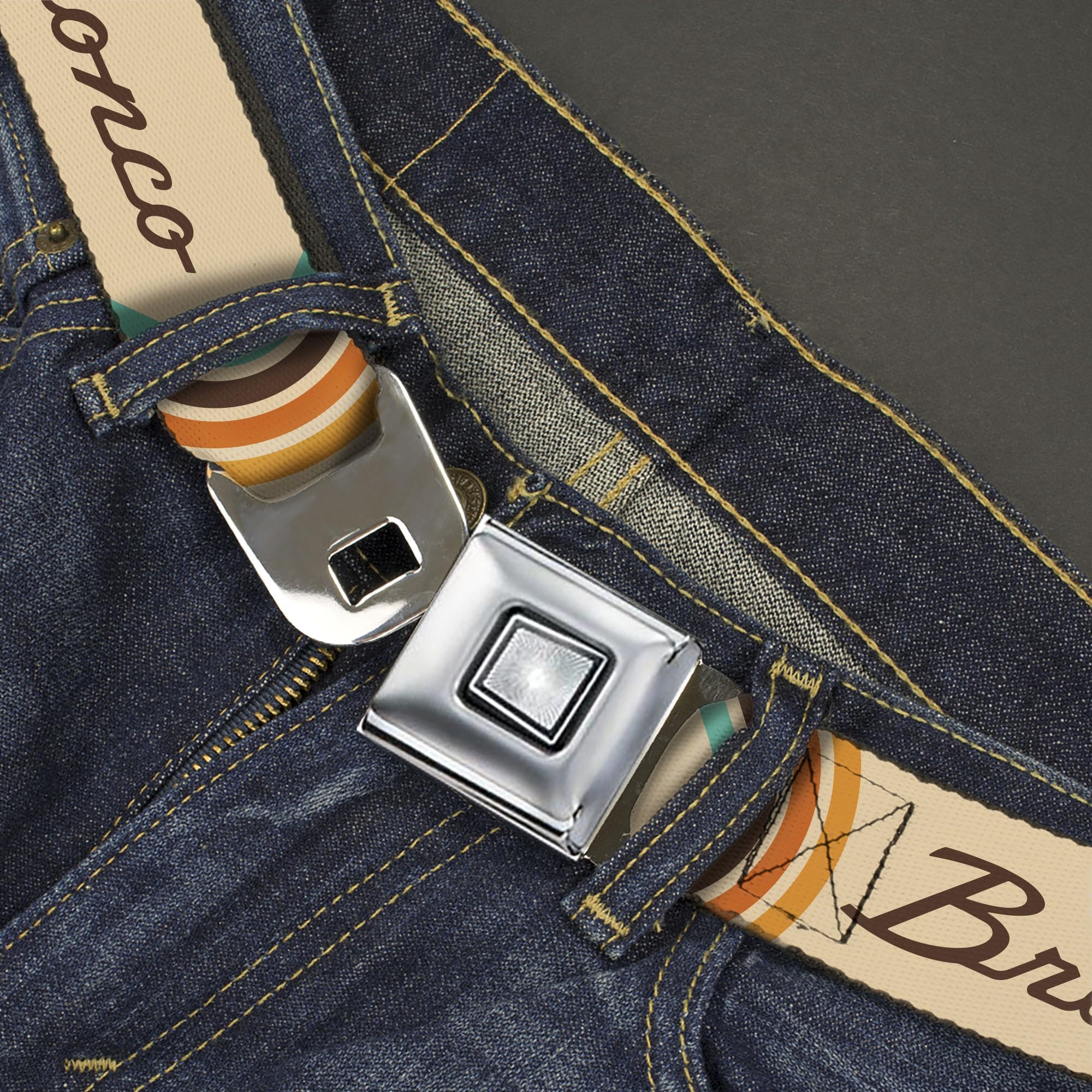 Ford Belt, Seatbelt Buckle, Ford Bronco Script Beige Brown Blue Orange