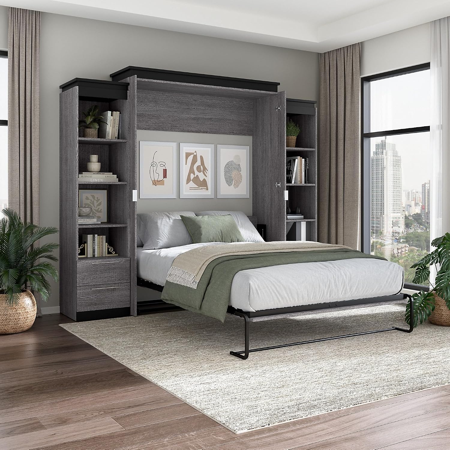 Bestar Orion Queen Murphy Bed with Shelves and Drawers (106W) in Bark Grey and Graphite, Sleeping Arrangement with Storage