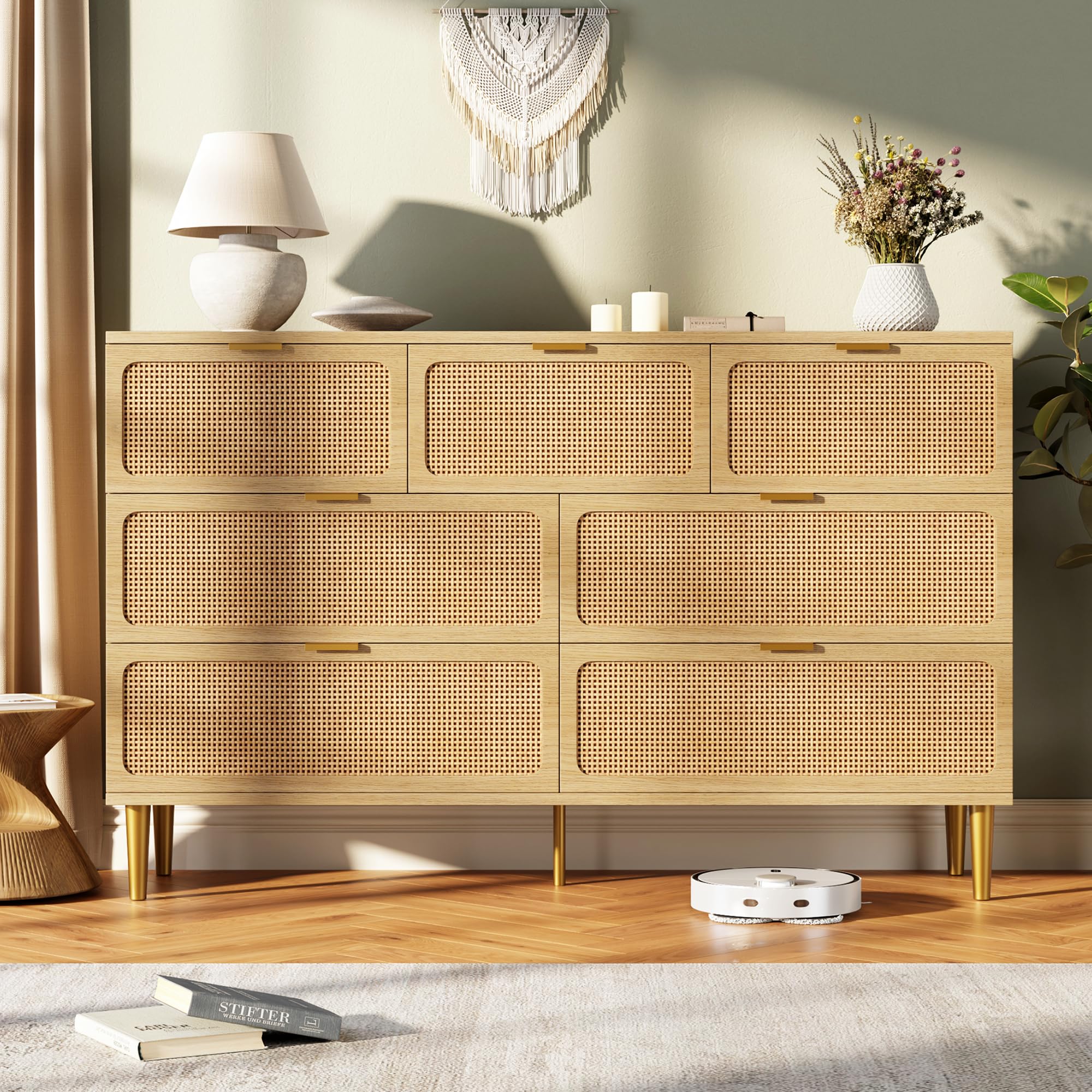 Photo 1 of ***No screws, no hardware, no legs, no handles*** GarveeHome Rattan 7 Drawer Dressers for Bedroom, Tall Dresser with Deep Drawers, Large Chest of Drawers for Closet with Wide Top, Long Wooden Dresser for Living Room, Hallway, Kids Room, Natural