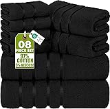 Utopia Towels 8-Piece Luxury Towel Set, 2 Bath Towels, 2 Hand Towels, and 4 Wash Cloths, 600 GSM Ring Spun Cotton Highly Absorbent Viscose Stripe Towels Ideal for Everyday use (Black)