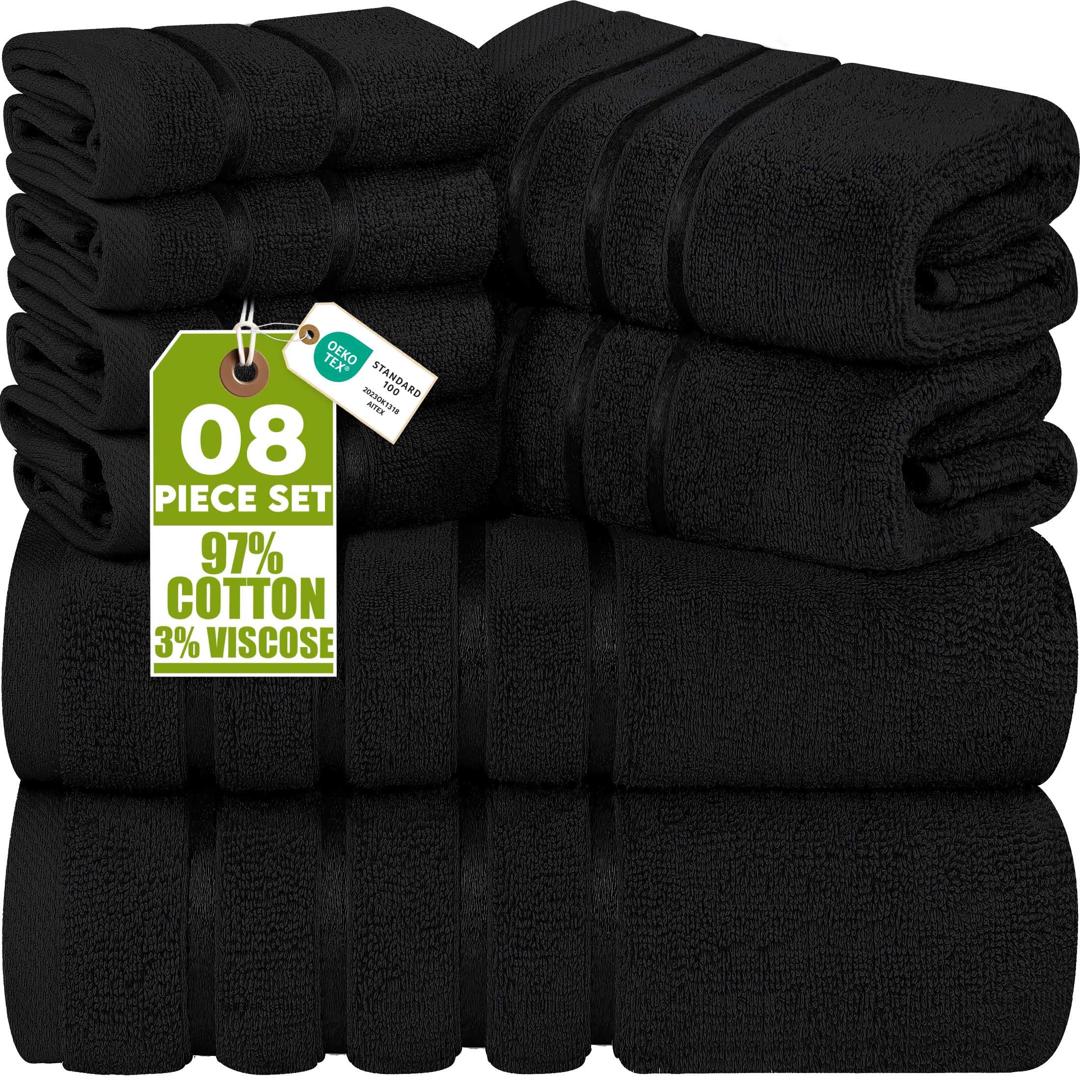 Utopia Towels 8-Piece Luxury Towel Set, 2 Bath Towels, 2 Hand Towels, and 4 Wash Cloths, 97% Ring Spun Cotton Highly Absorbent Viscose Stripe Towels Ideal for Everyday use (Black)