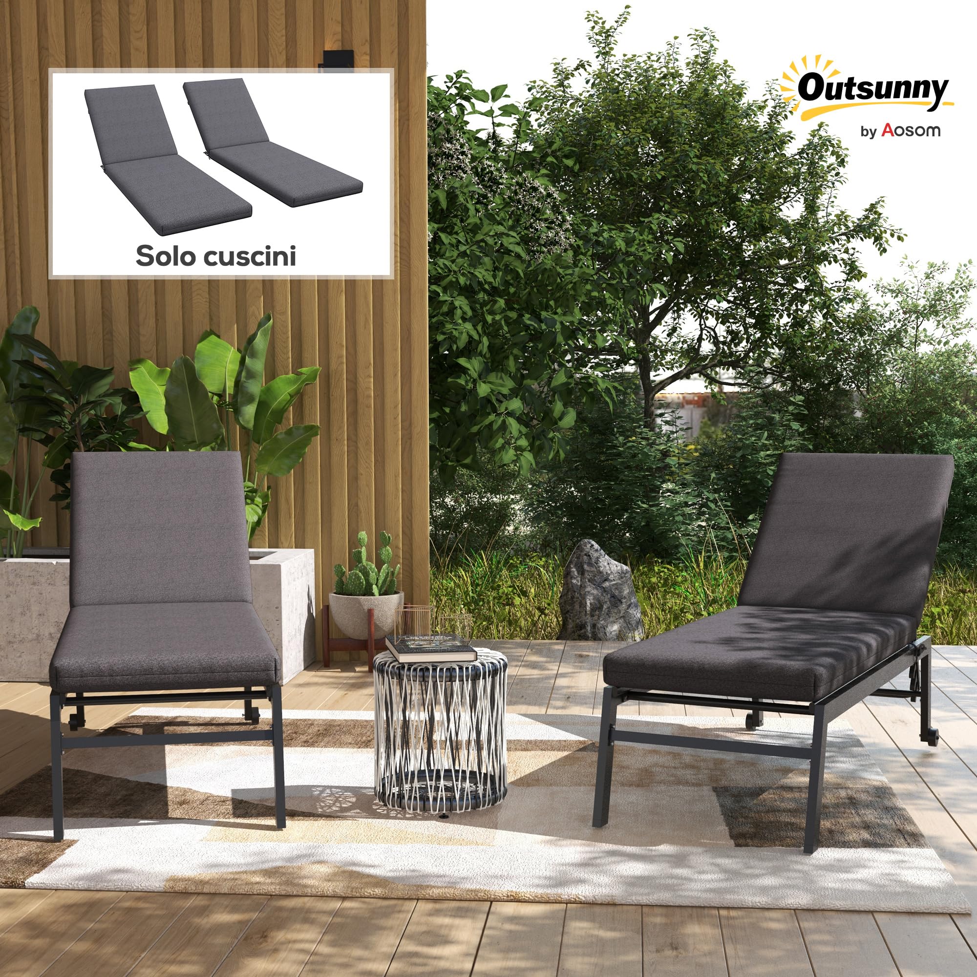 Outsunny Set 2 Cuscini per Sedie da Esterno con Lacci di Fissaggio, Cuscini da Esterno Imbottito in Cotone, per Sdraio Prendisole Giardino, 190.5x58.4x7 cm, UV50+, Grigio