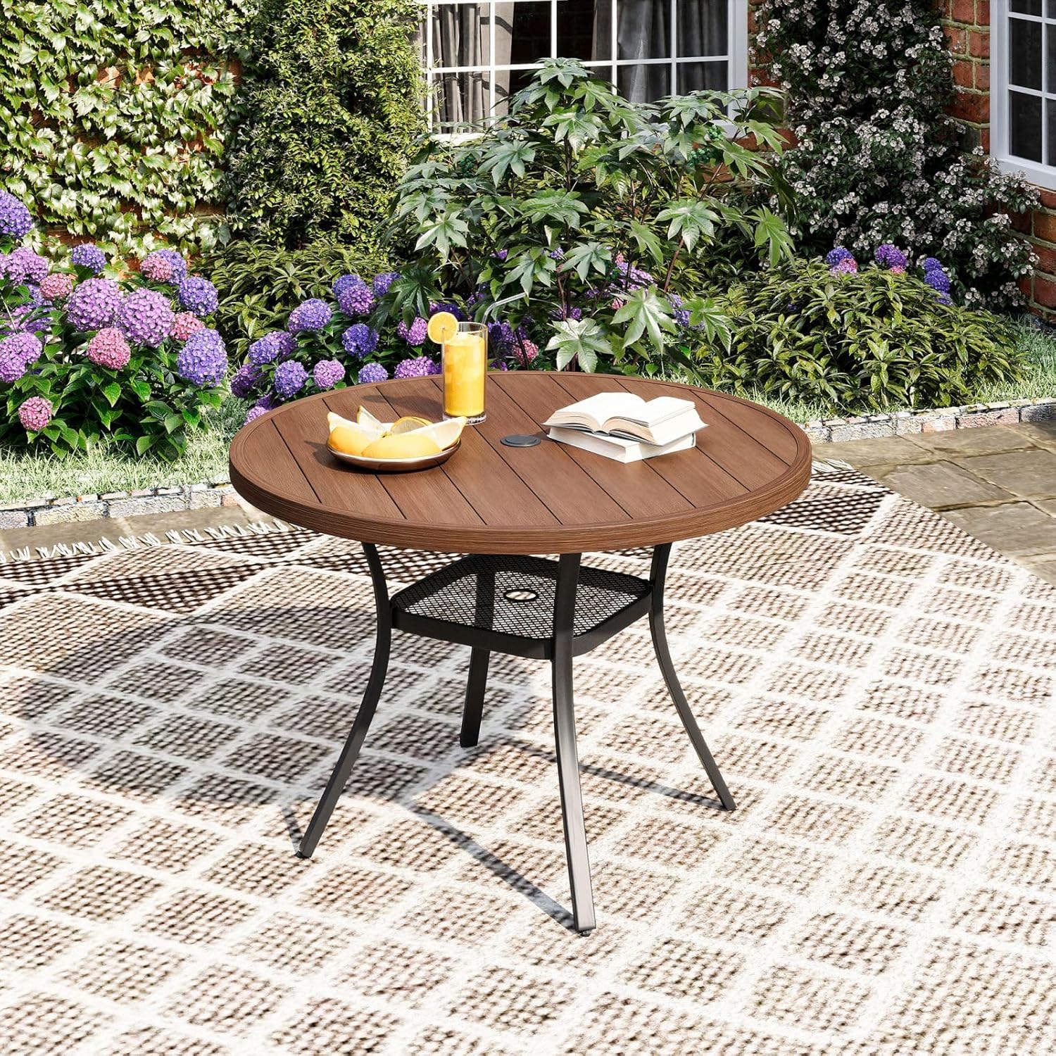 DIFY Patio Round Dining Table, 42" All Weather Round Outdoor Table with 1.57" Umbrella Hole for 4 Person, Perfect for Balcony Garden and Backyard, Walnut