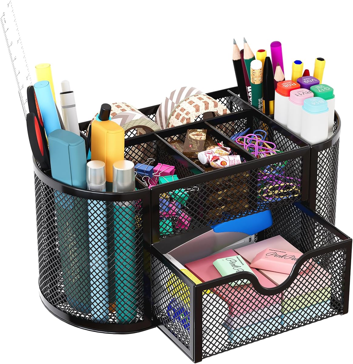 Mesh Pen Holder Desk Organizer with Drawer Stationery Supplies Organizer for Dorm School 9 Compartments Workspace Desk Accessories Organization for Office, Black