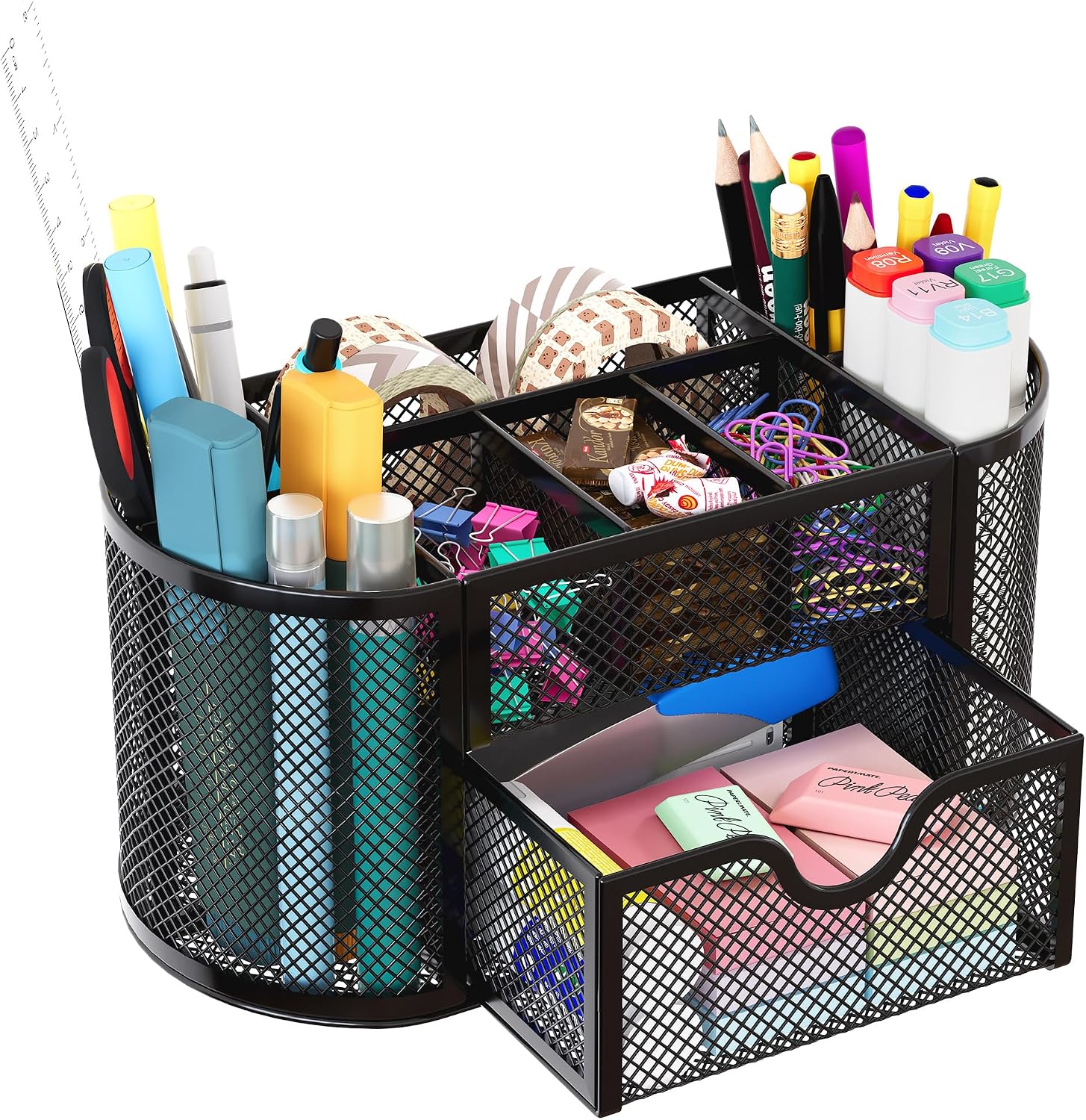 EasyPAG Mesh Pen Holder Desk Organizer with Drawer Stationery Supplies Organizer for Dorm School 9 Compartments Workspace Desk Accessories Organization for Office, Black