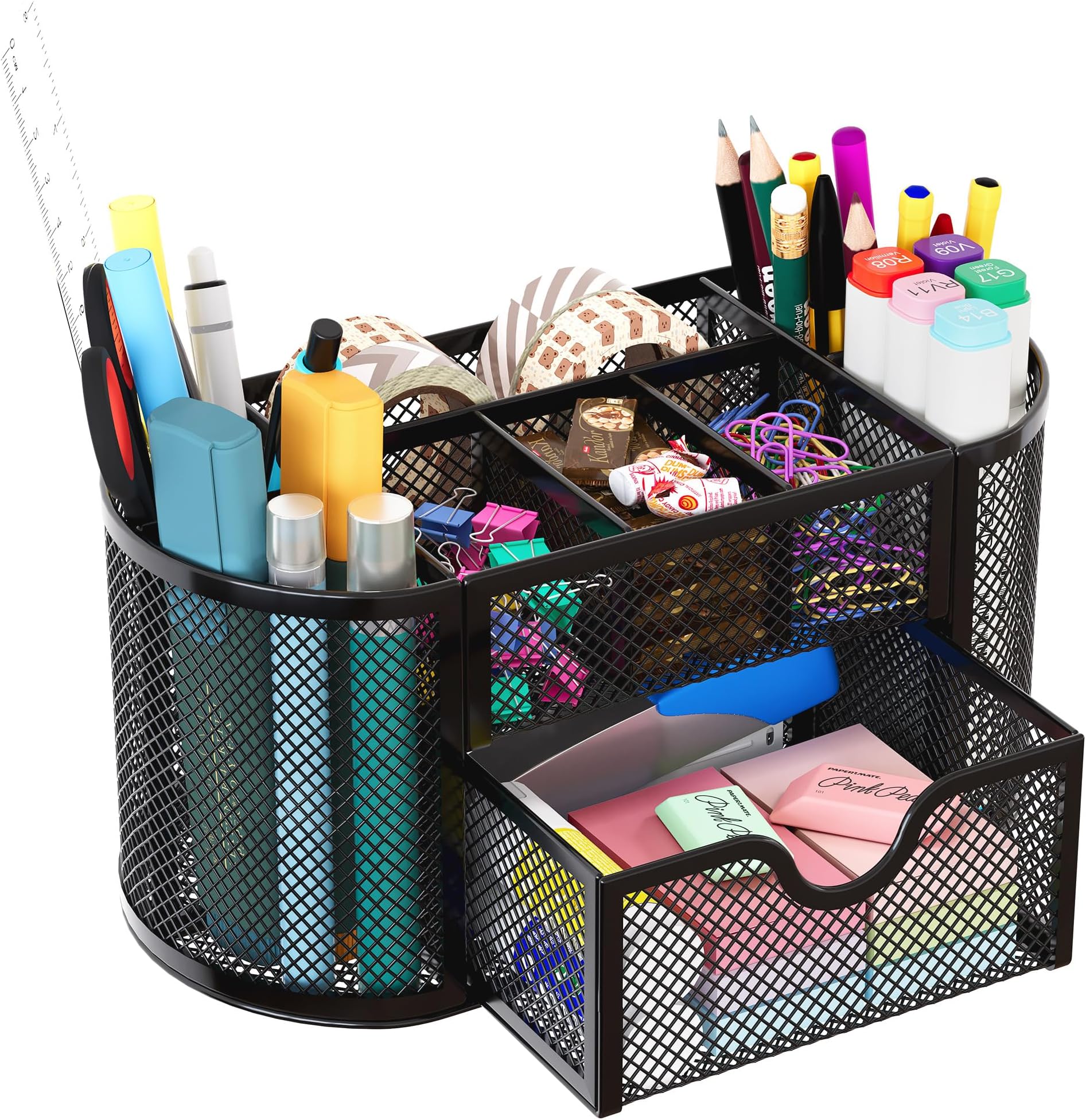 Mesh Pen Holder Desk Organizer with Drawer Stationery Supplies Organizer for Dorm School 9 Compartments Workspace Desk Accessories Organization for Office, Black