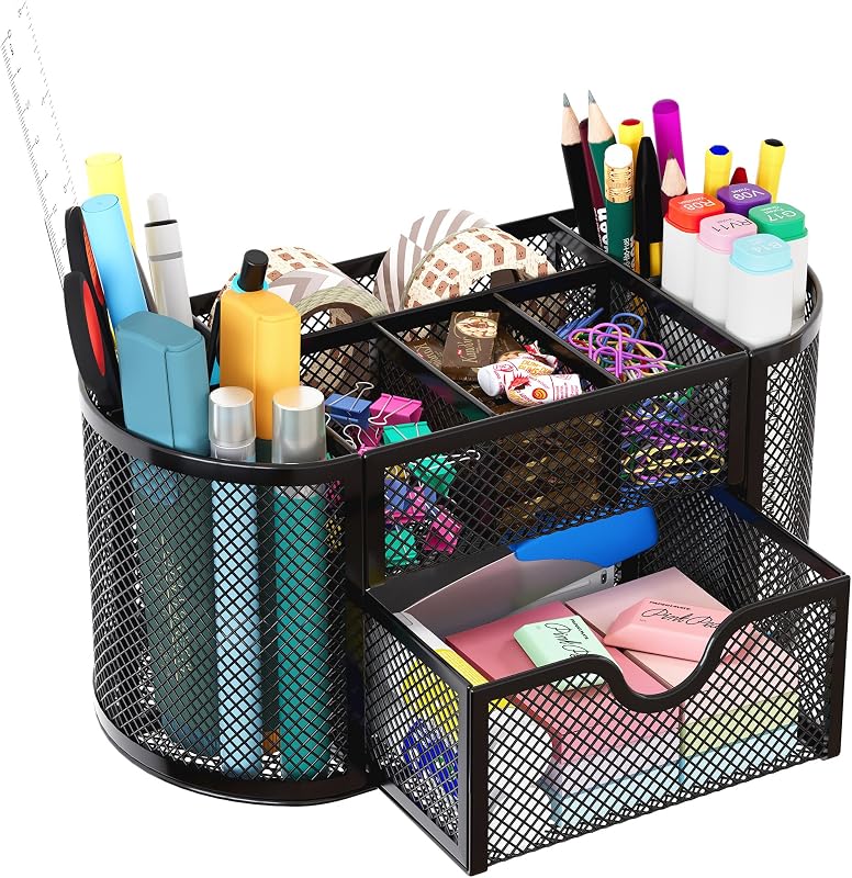 Mesh Pen Holder Desk Organizer with Drawer Stationery Supplies Organizer for Dorm School 9 Compartments Workspace Desk Accessories Organization for Office, Black