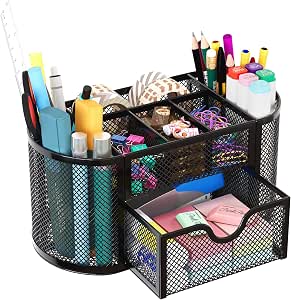 EasyPAG Mesh Desk Organizer with Drawer, 9 Compartments, Black