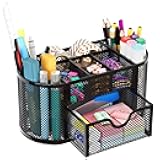 EasyPAG Mesh Pen Holder Desk Organizer with Drawer Stationery Supplies Organizer for Dorm School 9 Compartments Workspace Desk Accessories Organization for Office, Black