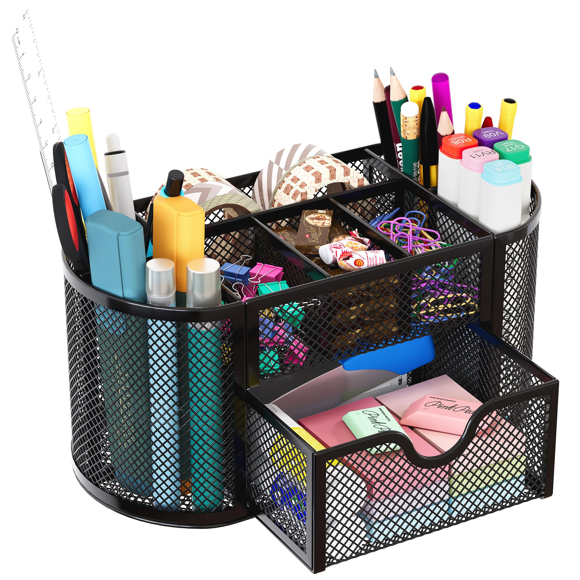 EasyPAG Mesh Pen Holder Desk Organizer with Drawer Stationery Supplies Organizer for Dorm School 9 Compartments Workspace Desk Accessories Organization for Office, Black