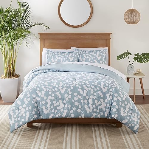 Serta Simply Clean Ellen - Juego de edredón floral botánico de 3 piezas con funda de almohada para todas las estaciones, tamaño King, azul