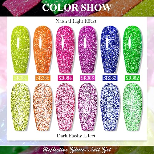 Miniatura 6 de MEET ACROSS Neon Reflektierender Glitzer-Gel-Nagellack, juego de accesorios de gel de gel de luz brillante, lámpara LED de inmersión