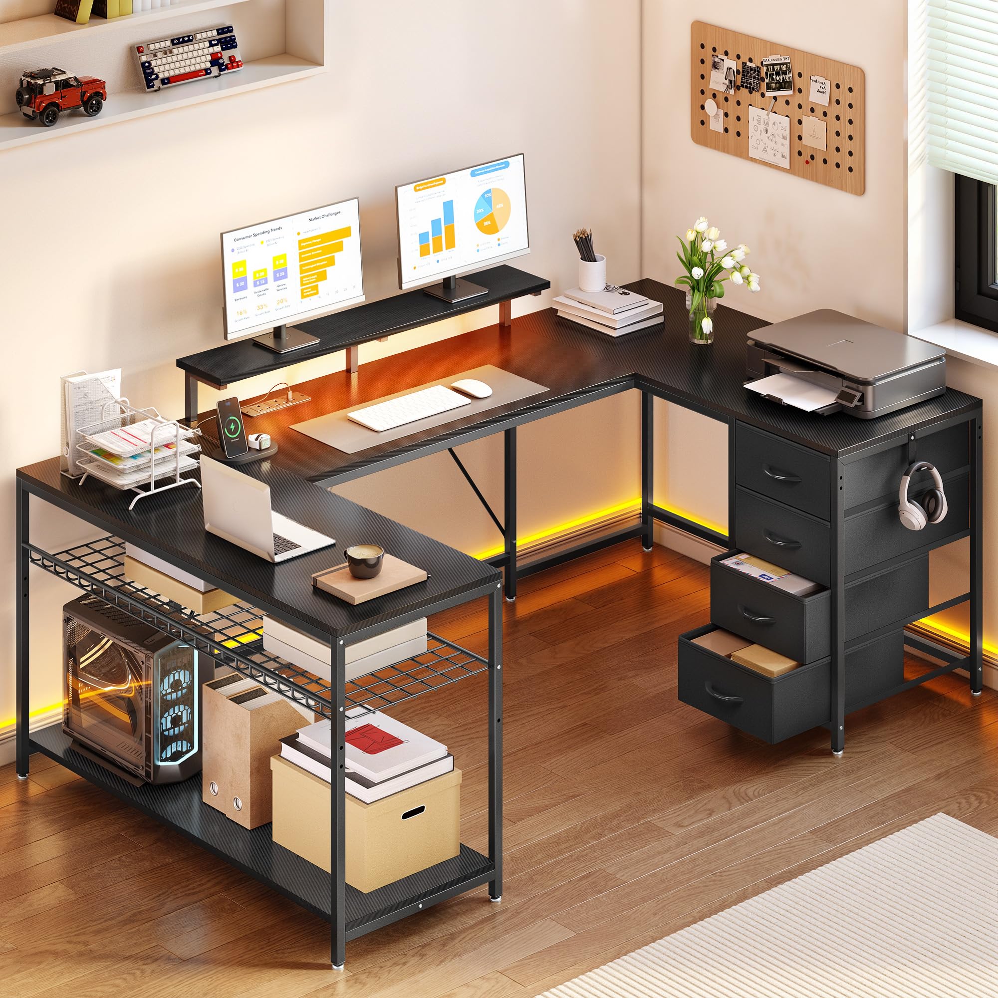YITAHOME Eckschreibtisch mit 4 Schubladen & Stauraum, 158 x 100cm Gaming Schreibtisch mit LED & Monitorständer für Home Office, Reversible Eck Schreibtisch mit 2 Steckdosen und USB, Schwarz
