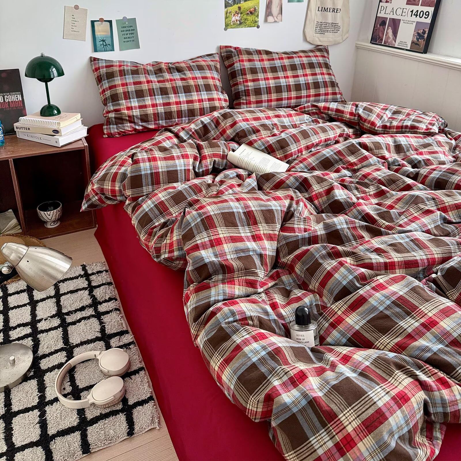 MKXI Twin XL Buffalo Plaid Duvet Cover Set 3-Piece, Lightweight Washed Cotton Farmhouse Bedding, Brown Red Blue Plaid Comforter Cover with Zipper Closure