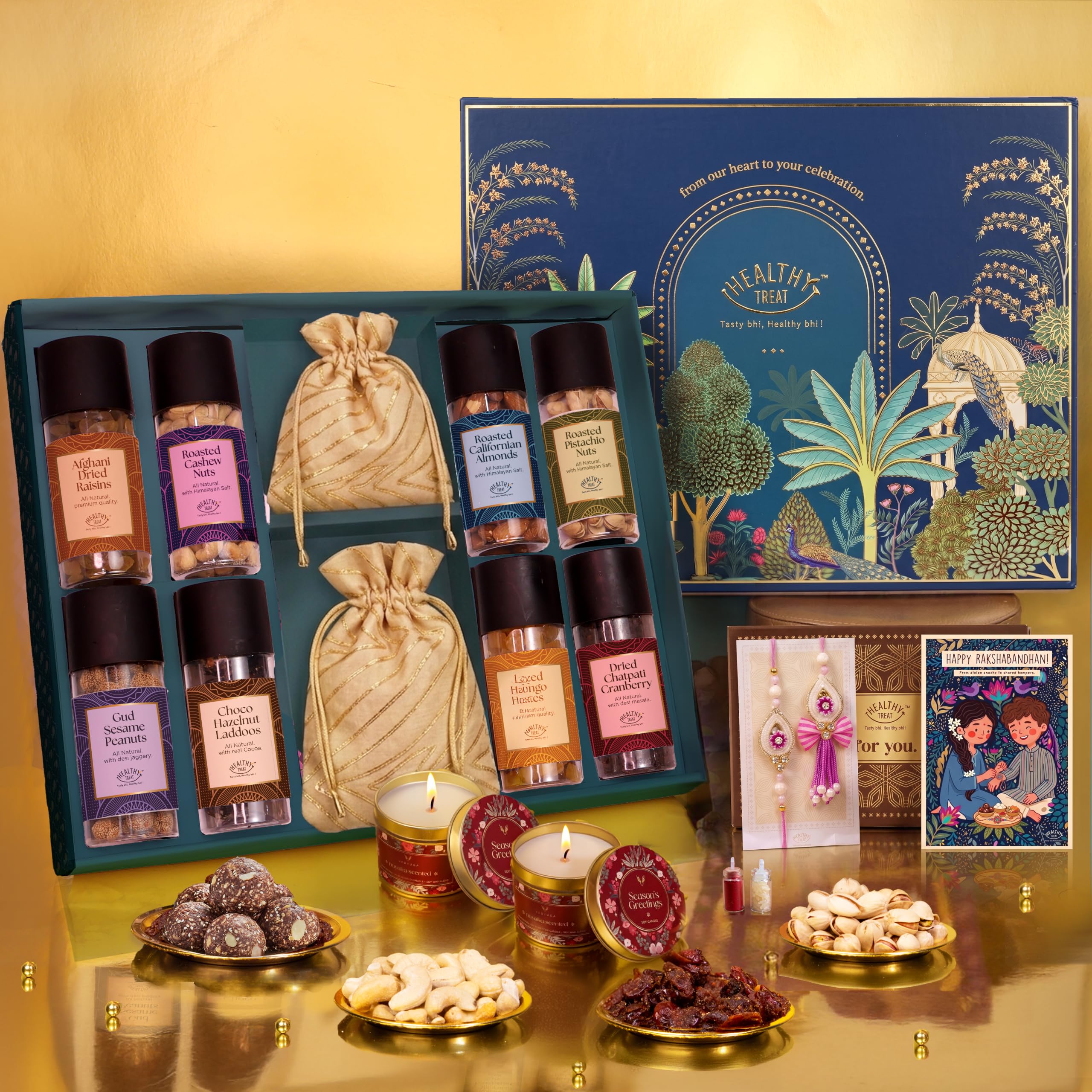 Healthy Treat Tyohar Bhaiya Bhabhi Rakhi Hamper with Dry Fruits, 16 Items | Lumba Rakhi Pair, Roli Chawal, 2 Scented Candles, Cashews, Almonds, Pistachio, Raisins, Dried Mango, Raksha Bandhan Luxury-image-12