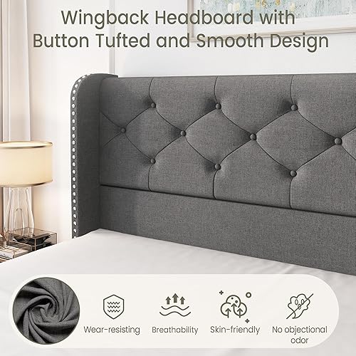 Miniatura 31 de LARMACE - Marco de cama tamaño King con 4 cajones de almacenamiento y cabecera tapizada con botones, cama de plataforma tapizada en lino con