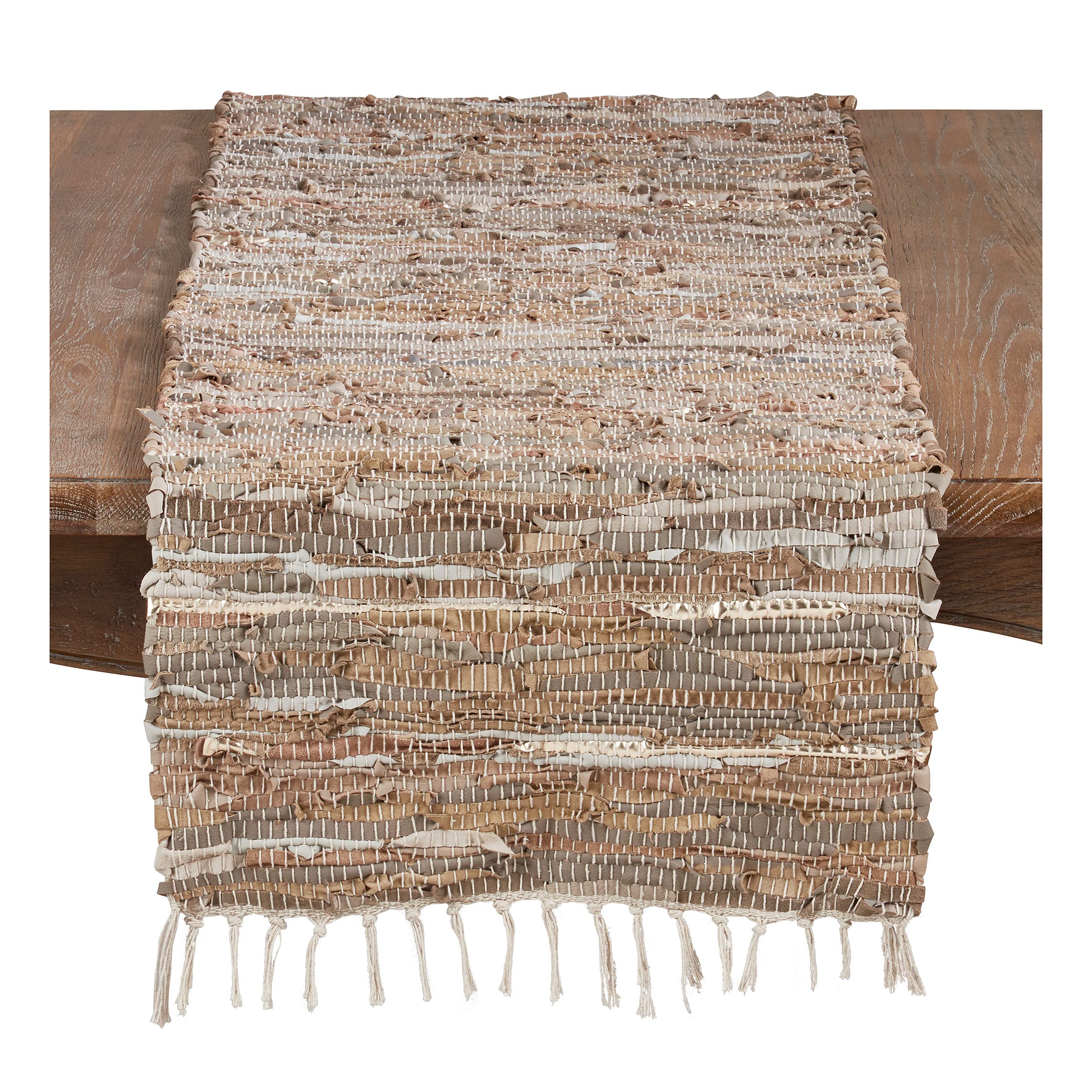 Occasion Gallery Natural 50% Cotton - 50% Leather Chindi Rustic Table Runner, 16" X 54"