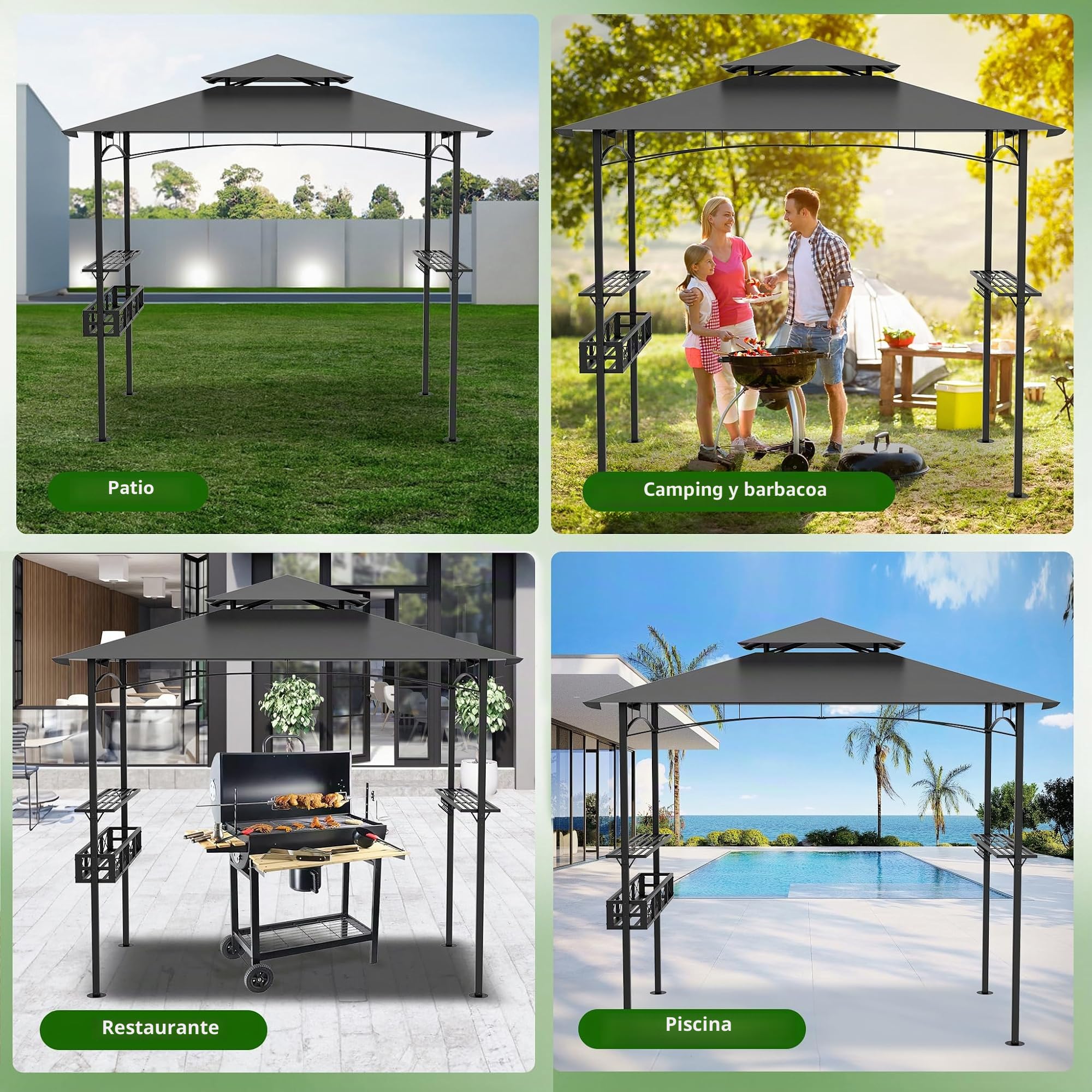 FIVMEN Cenador para barbacoa, 244 x 138 x 250 cm, con barra de bar y techo de doble capa, cenador de jardín, carpa para fiestas, protección UV