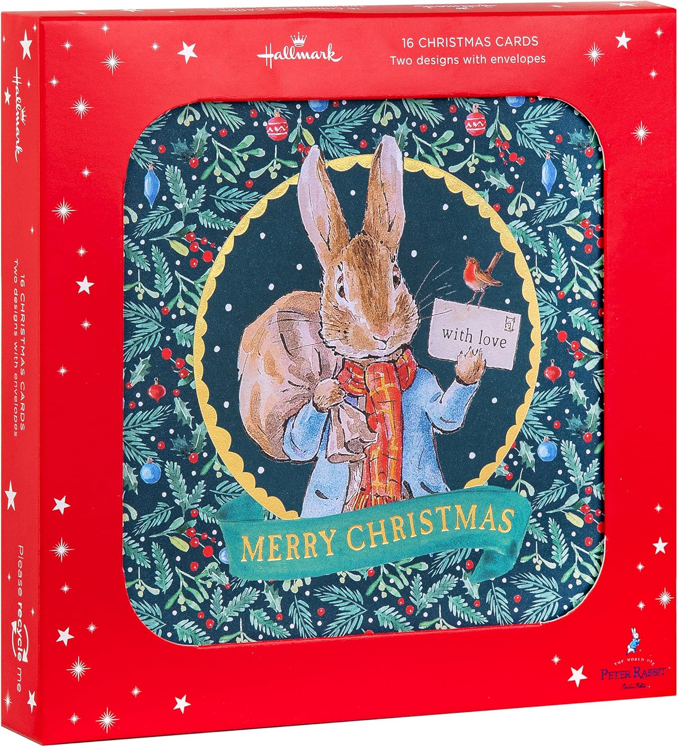 Hallmark Christmas Card, Multipack Christmas Cards, Pack of 16, 2 Designs, Beatrix Potter, Peter Rabbit, With Envelopes