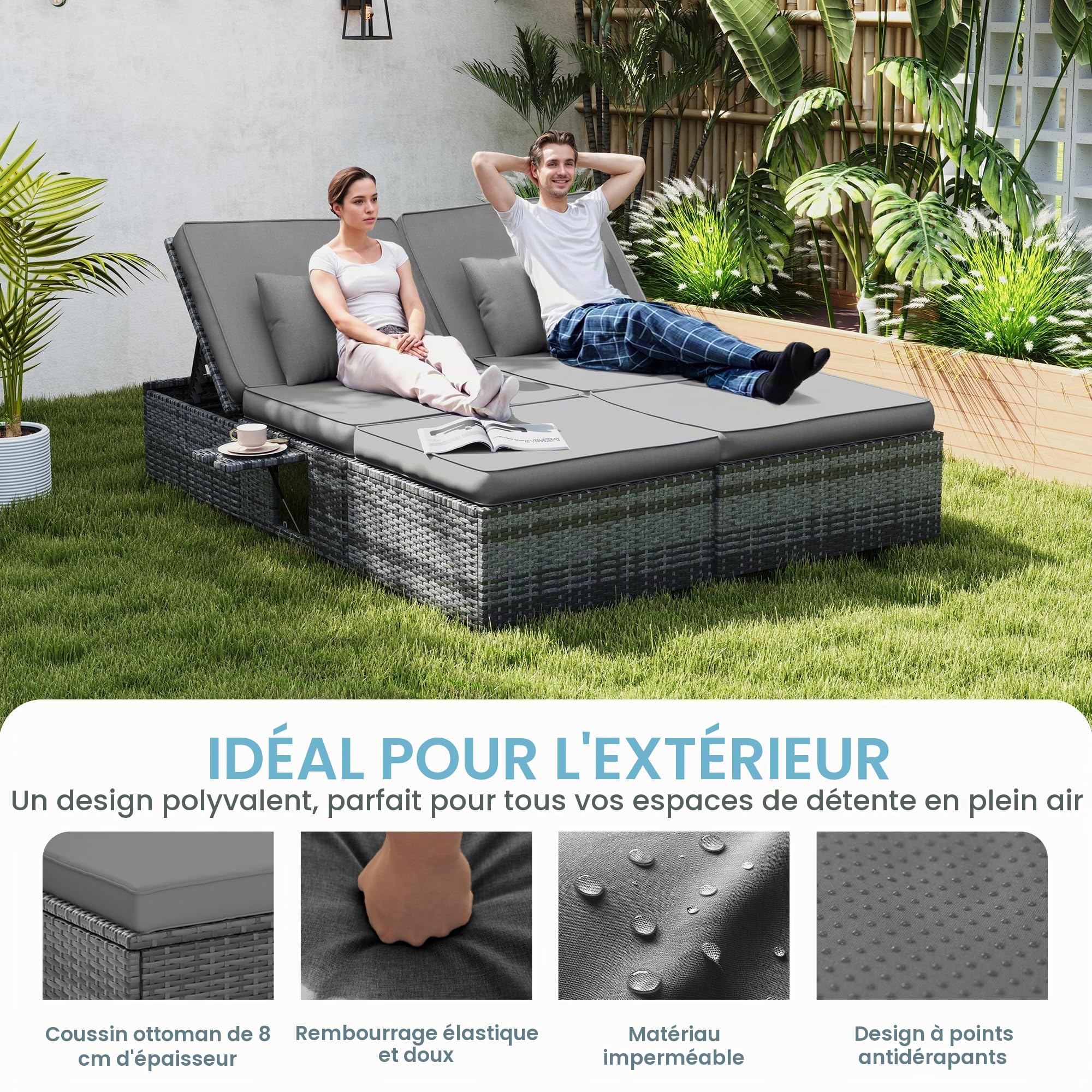UDPATIO Transat Jardin Extérieur en Rotin - Bain de Soleil Double avec Plateaux Latéraux Repliables et Dossier Réglable 5 Niveaux, Lit de Jardin Résistant Jusqu'à 400kg, pour Piscine ou Terrasse, Gris