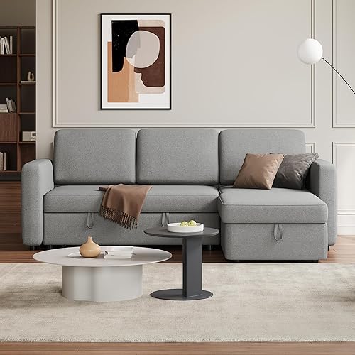 Miniatura 3 de Yaheetech Sofá modular en forma de L con diván y USB, sofá cama reversible con cama extraíble y espacio de almacenamiento, sofá convertible de tela