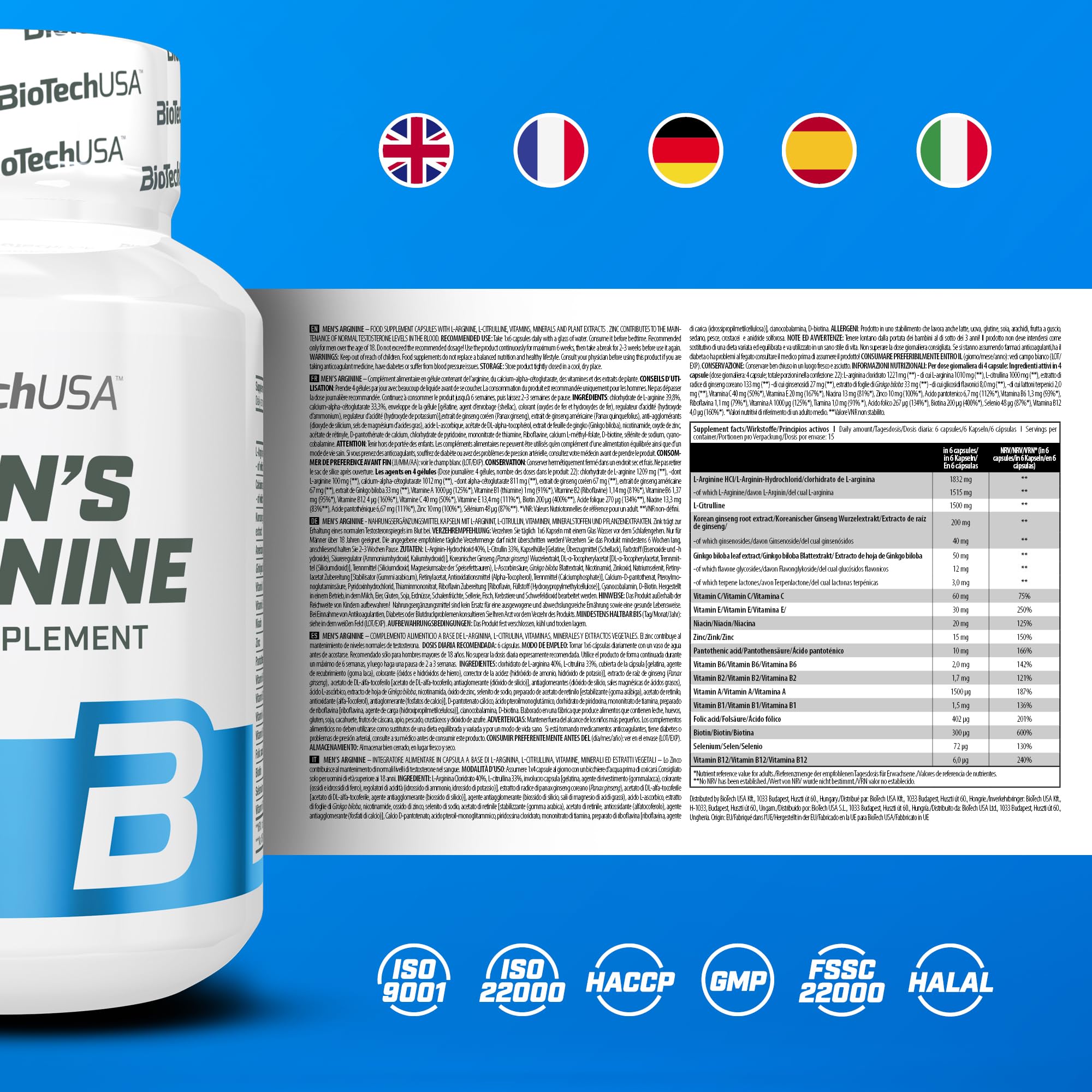 BioTechUSA Men's Arginine | Aumenta la vitalità | con ingredienti vegetali | Vitamine | Zinco | Ideale per il benessere maschile | 90 Capsule